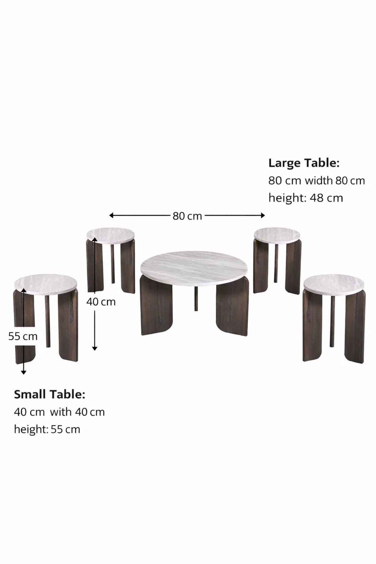 Luxury 5-Piece Round Center Table Set Cream Marble Top Dark Wood Legs Modern Living Room Decor