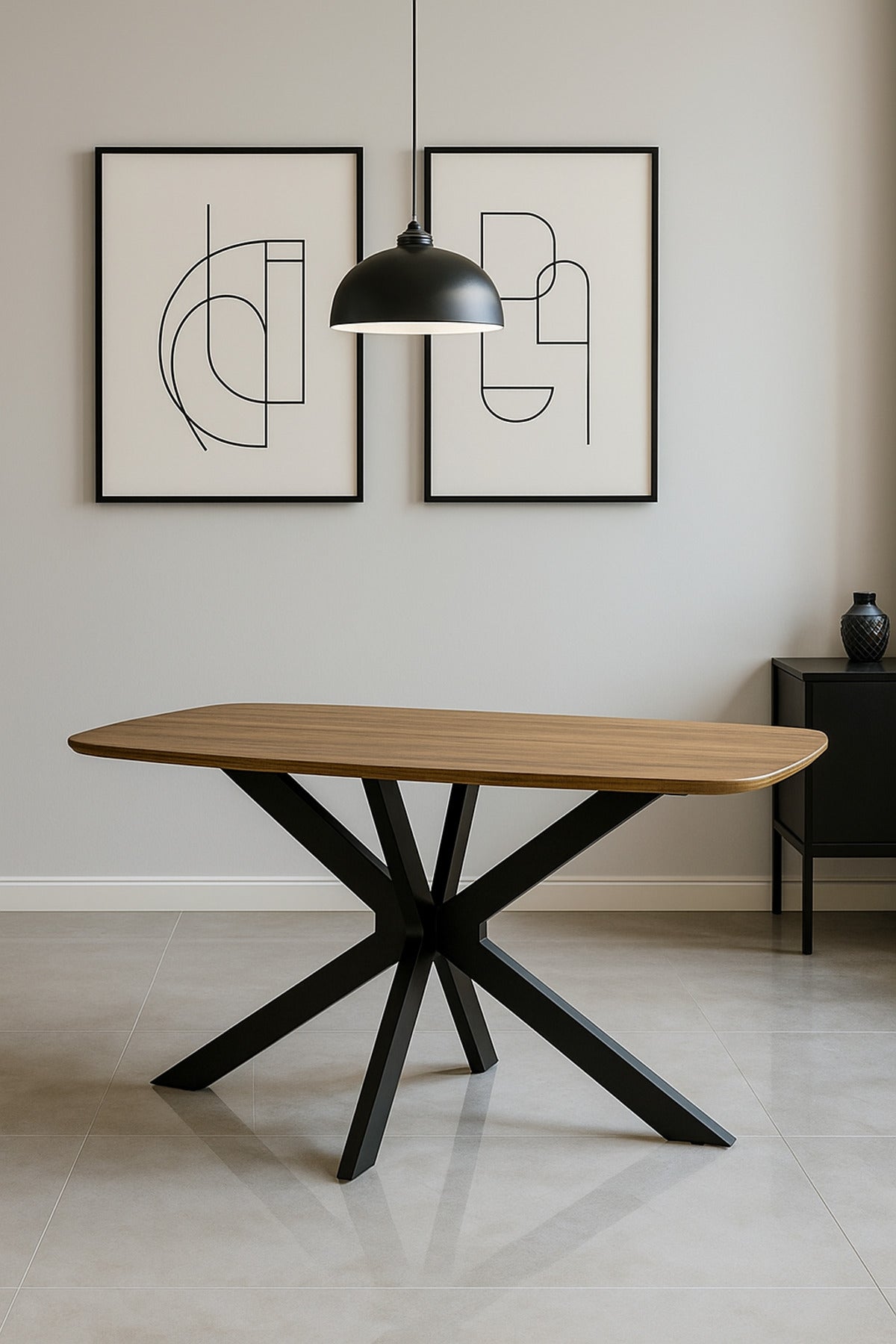 Modern Dining Table Ð 150_90_75 cm | Wooden Top Table with Black Metal Cross Legs