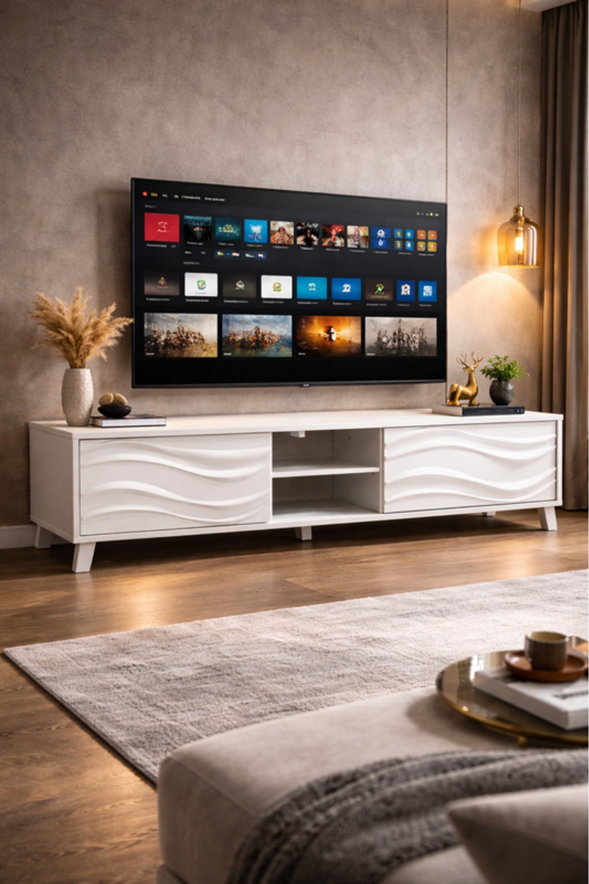 Modern White TV Stand with Decorative Wave Panels and Storage