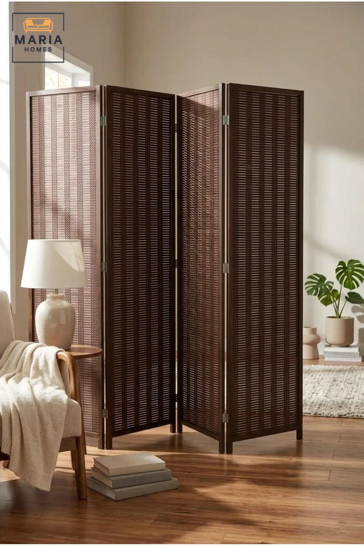 Four-Panel Folding Room Divider with Woven Design, Freestanding Privacy Screen for Bedroom, Living Room, Dressing Area, Office and Studio