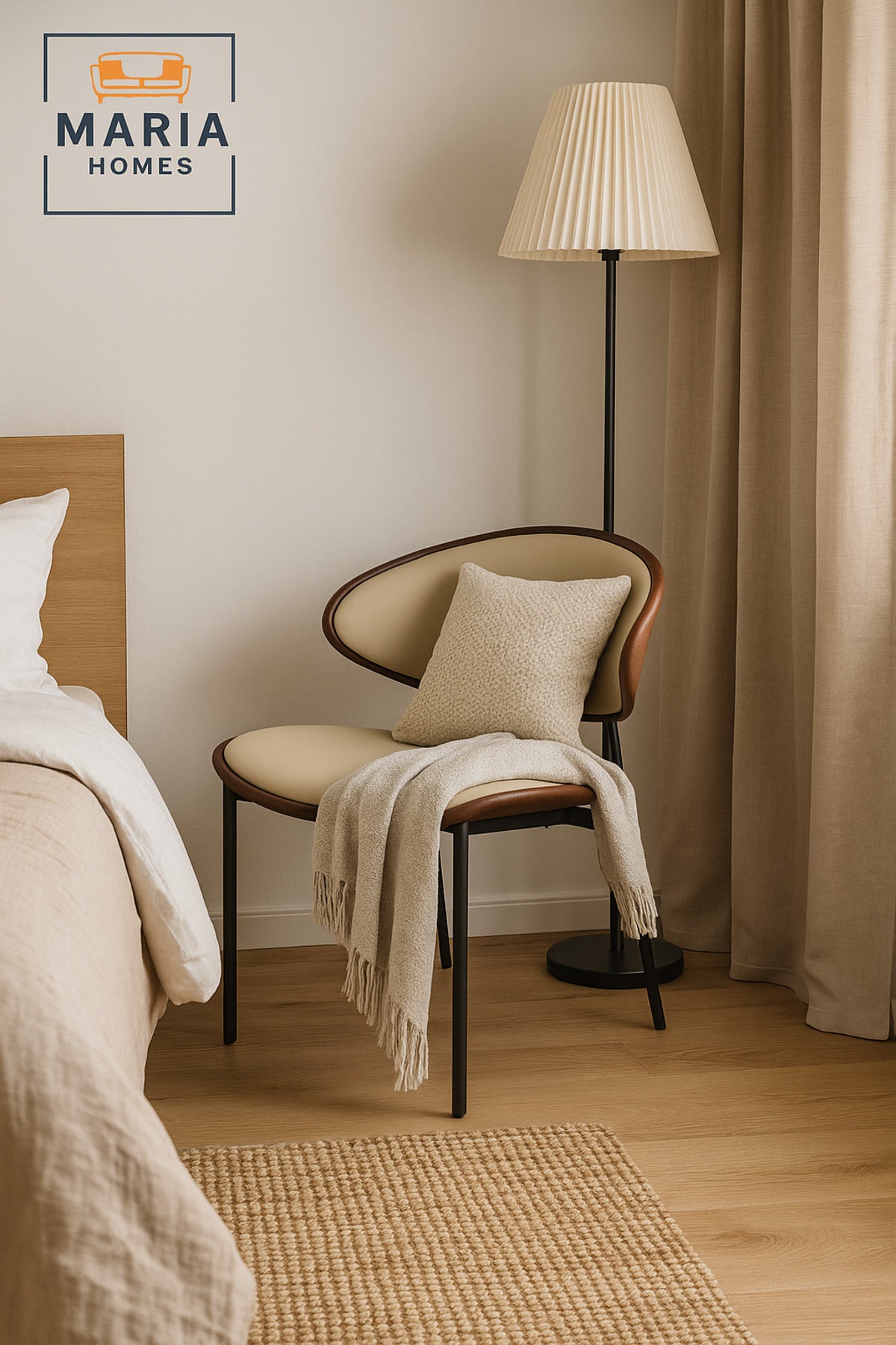 Modern Beige Dining Chair Ð Upholstered Seat with Wood Accent & Black Metal Legs