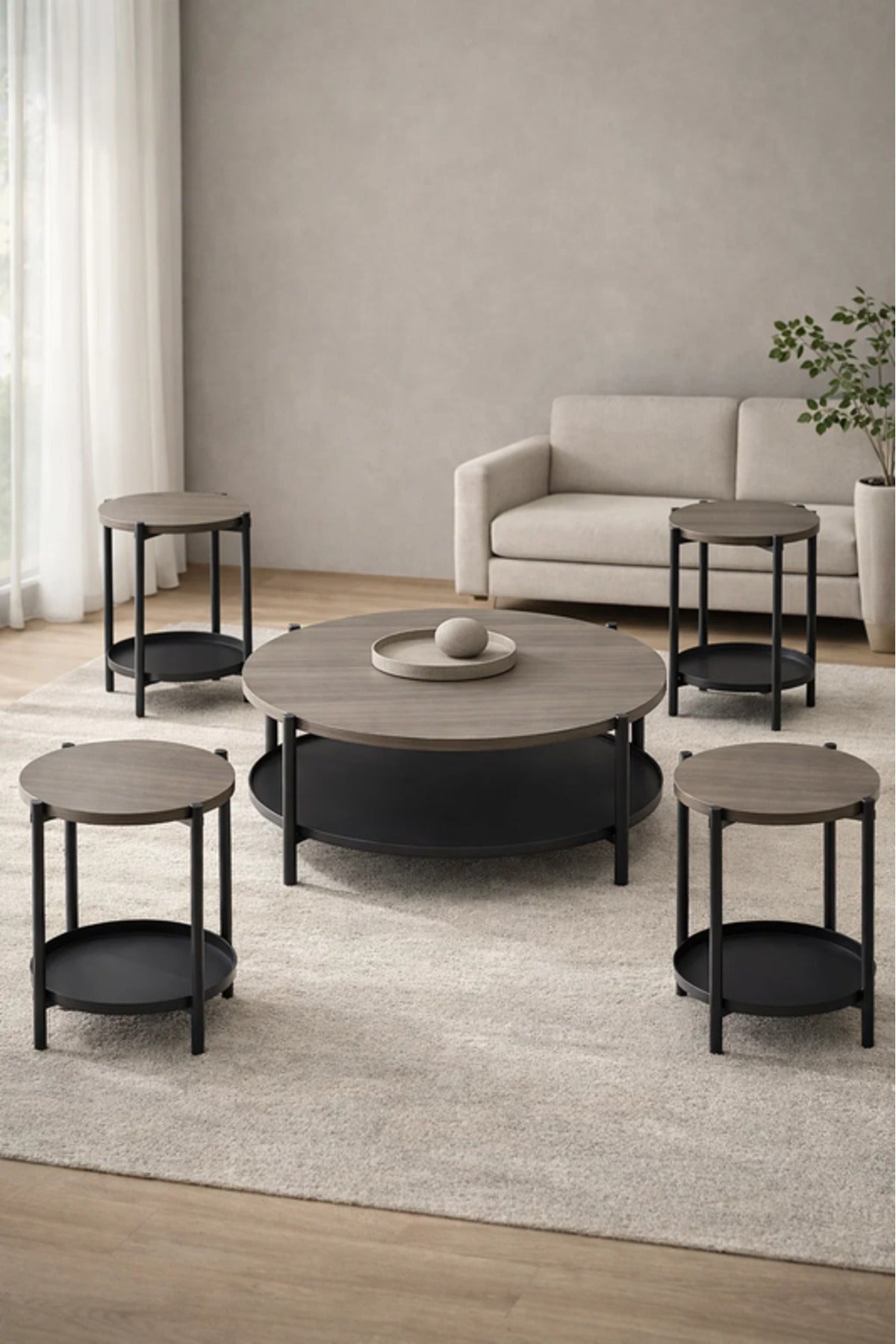Round Dark Grey Coffee Table Set with 4 Side Tables and Shelf 90 _ 90 _ 45 cm