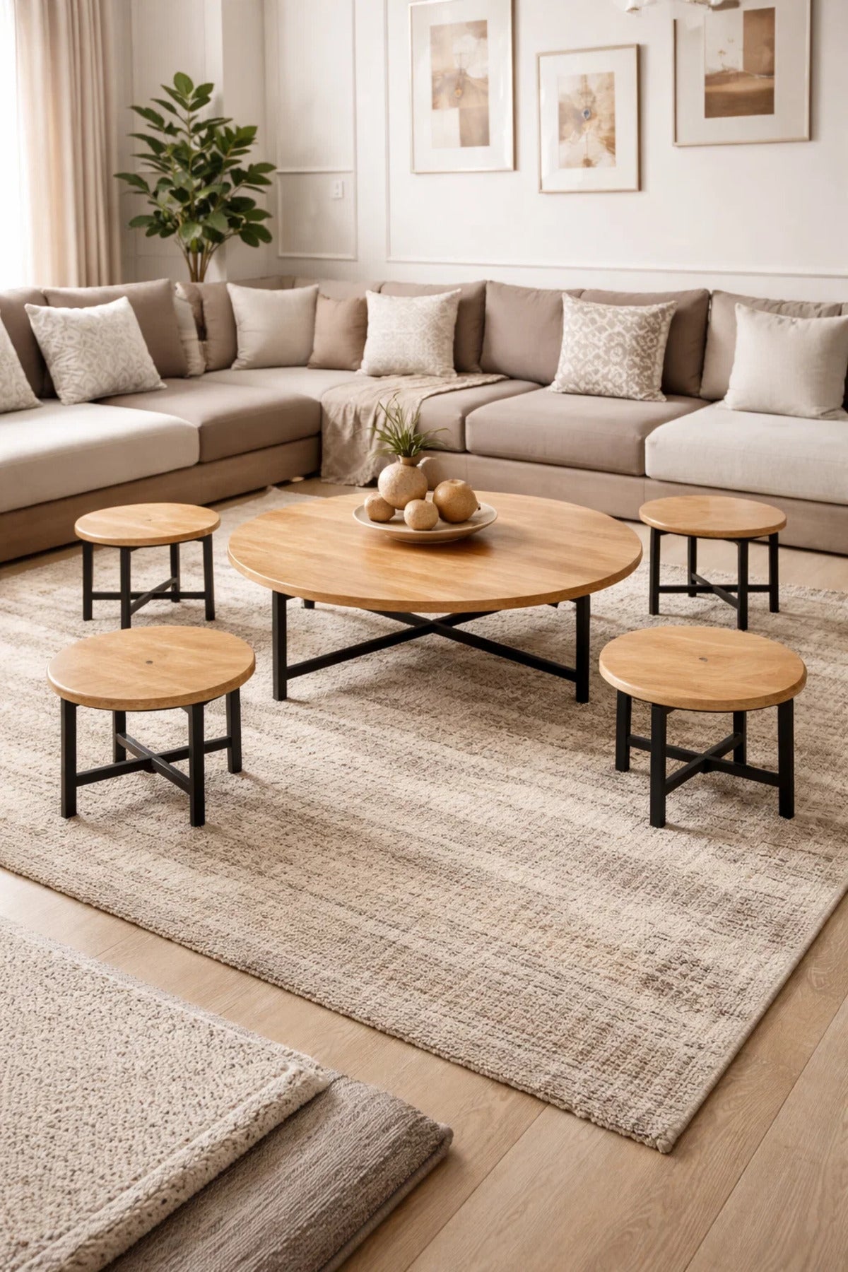 Modern Round Wood Center Table Set 1+4 with Black Metal Legs for Stylish Living Room Floor Use