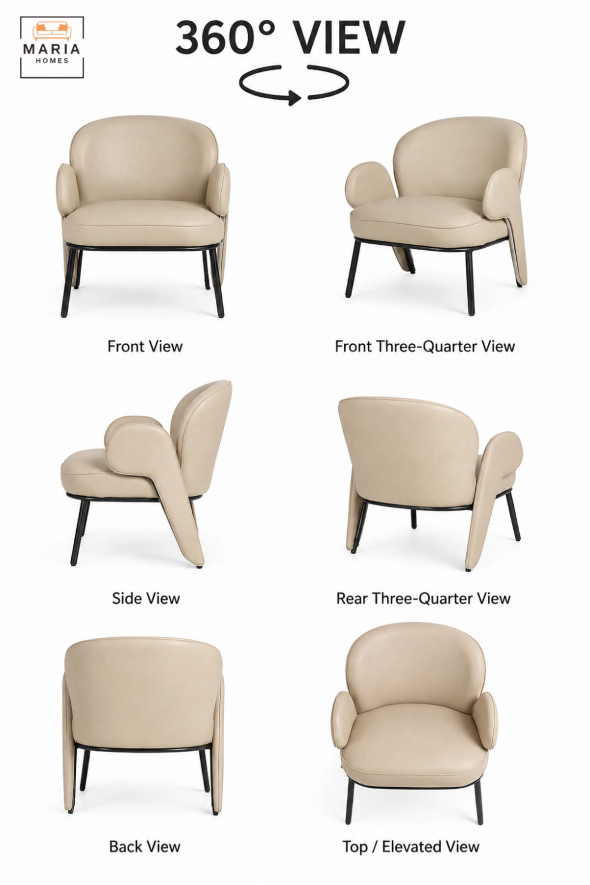 Modern Beige Upholstered Accent Armchair with Curved Backrest, Padded Seat, Unique Armrests & Black Metal Legs for Living Room Bedroom Office Lounge
