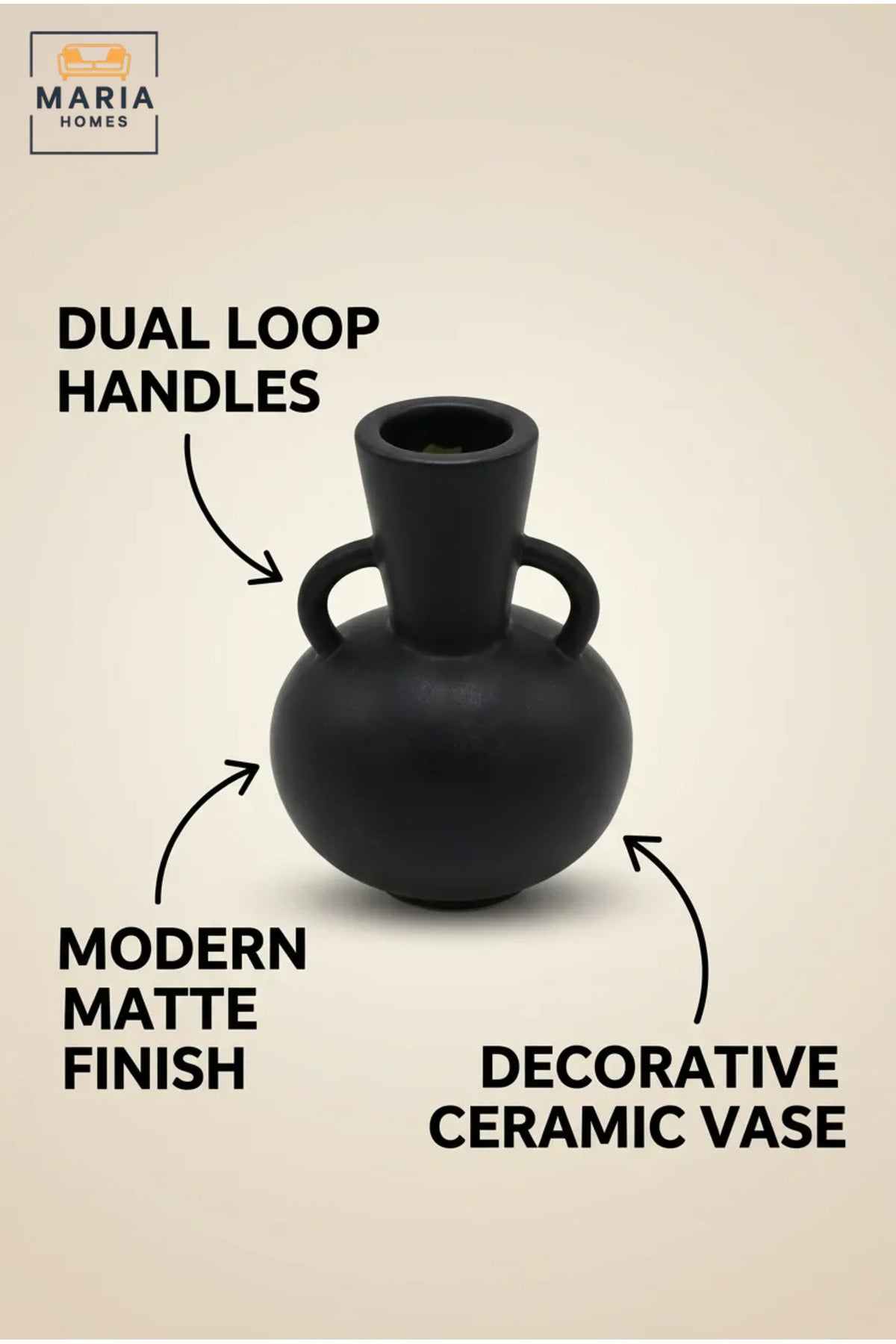 Modern Black Ceramic Decorative Vase with Dual Handle Design, Small Flower Vase for Living Room, Dining Table, Shelf & Home Décor
