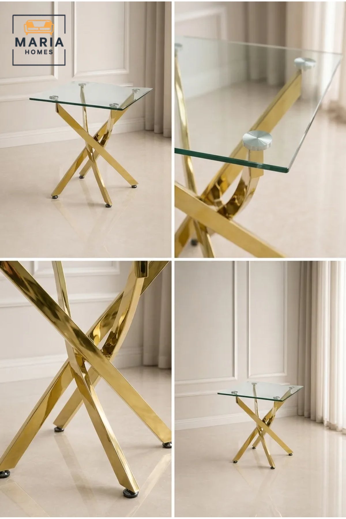 Modern Gold Glass Side Table √ê Square Tempered Glass End Table with Gold Metal Cross Base for Living Room, Bedroom & Lounge