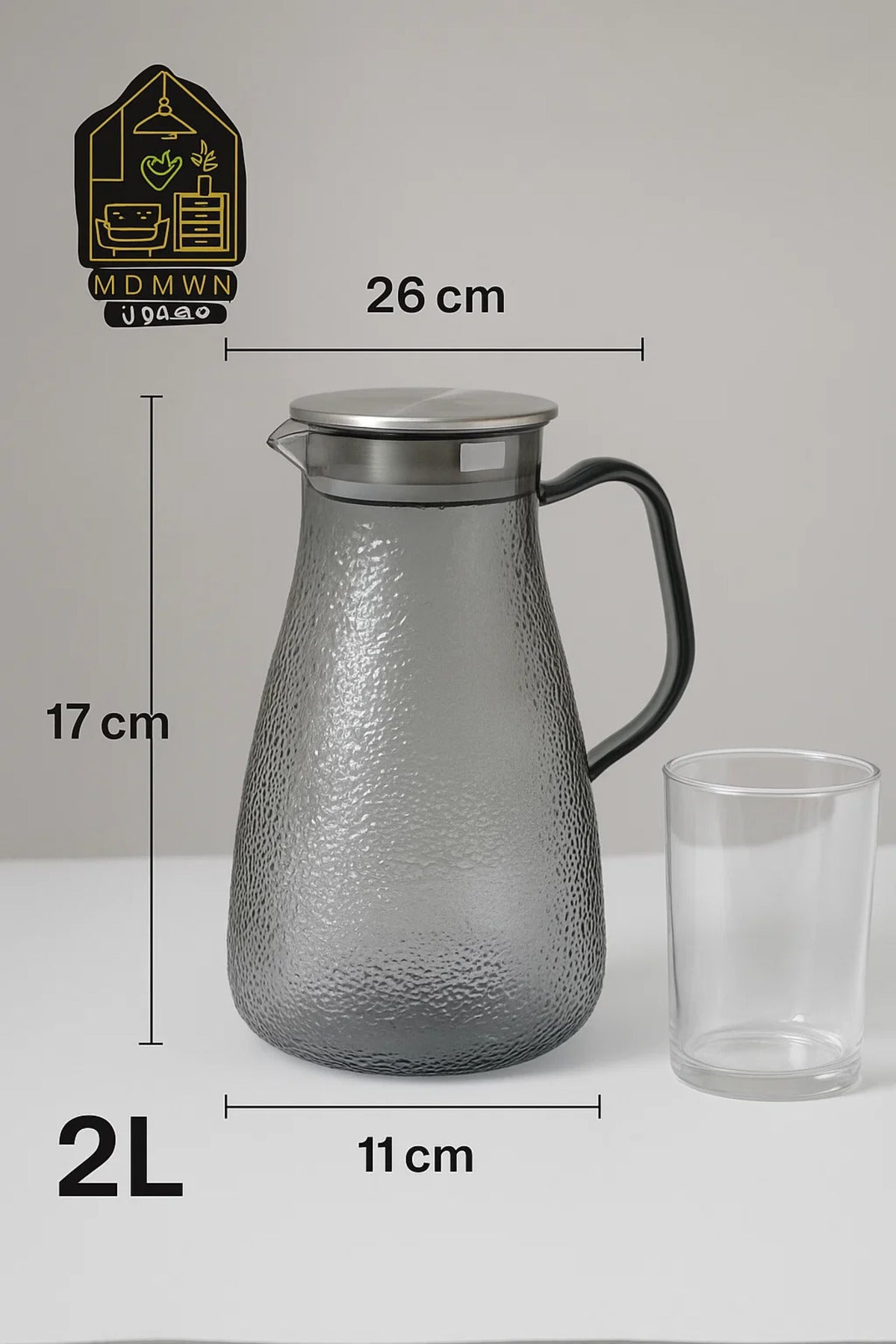 Textured Glass Water Pitcher with Stainless Steel Lid Ð 1.8 Liter, Elegant Design