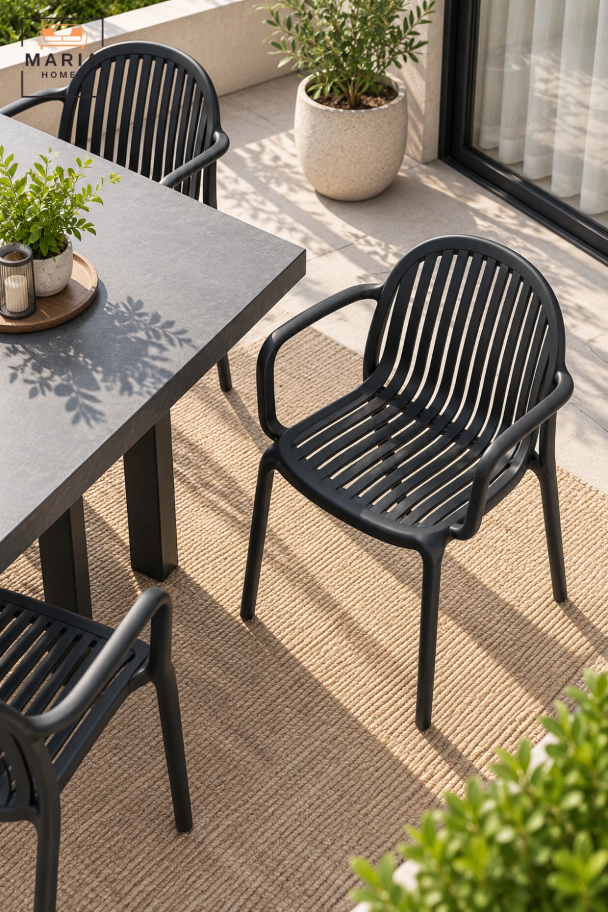 Modern Black Garden Chair with Armrests, Vertical Slatted Curved Backrest and Comfortable Seat for Patio, Balcony, Terrace, Café & Outdoor Seating