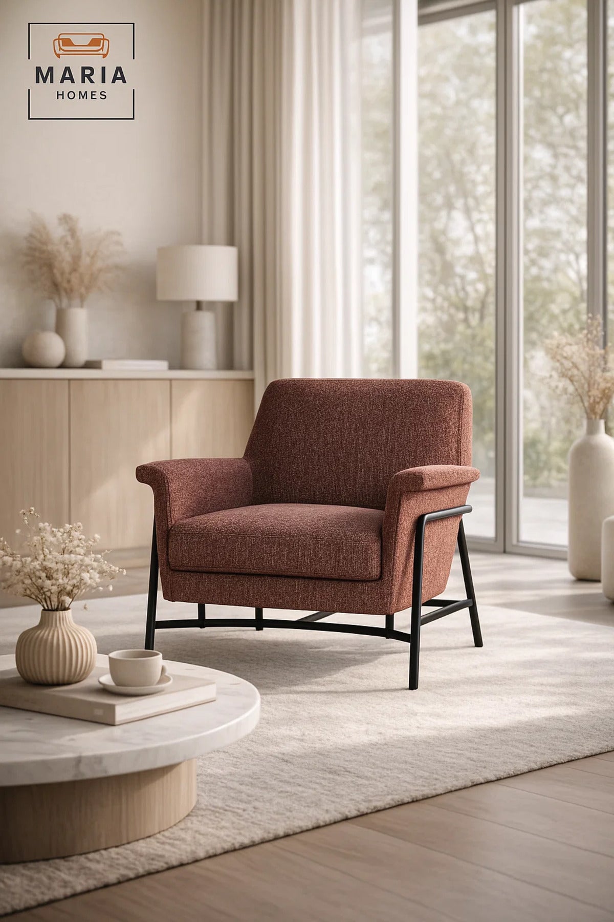 Modern Upholstered Armchair Red Comfortable Accent Chair with Metal Frame