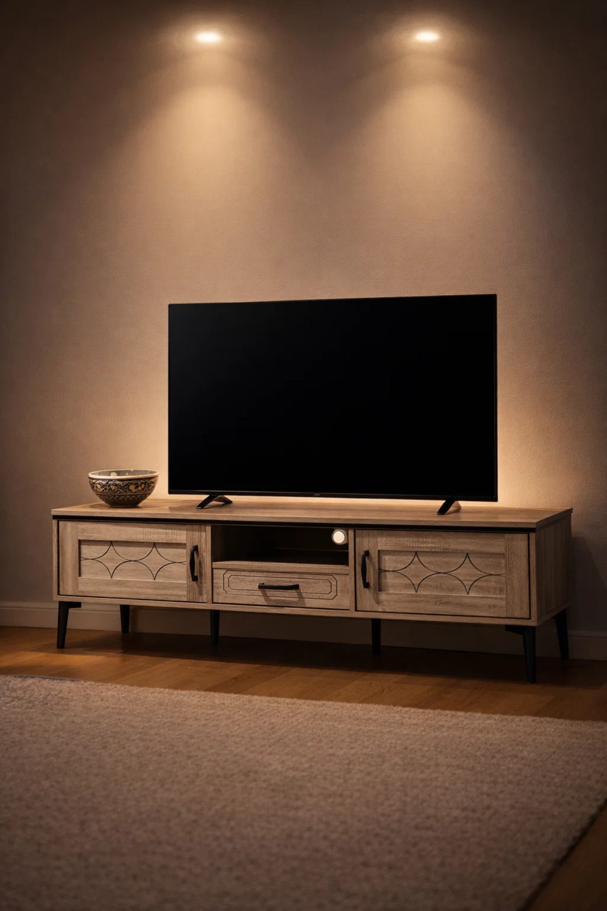 Premium 180cm Wooden TV Unit Entertainment Center with Geometric Design and Metal Legs for Home