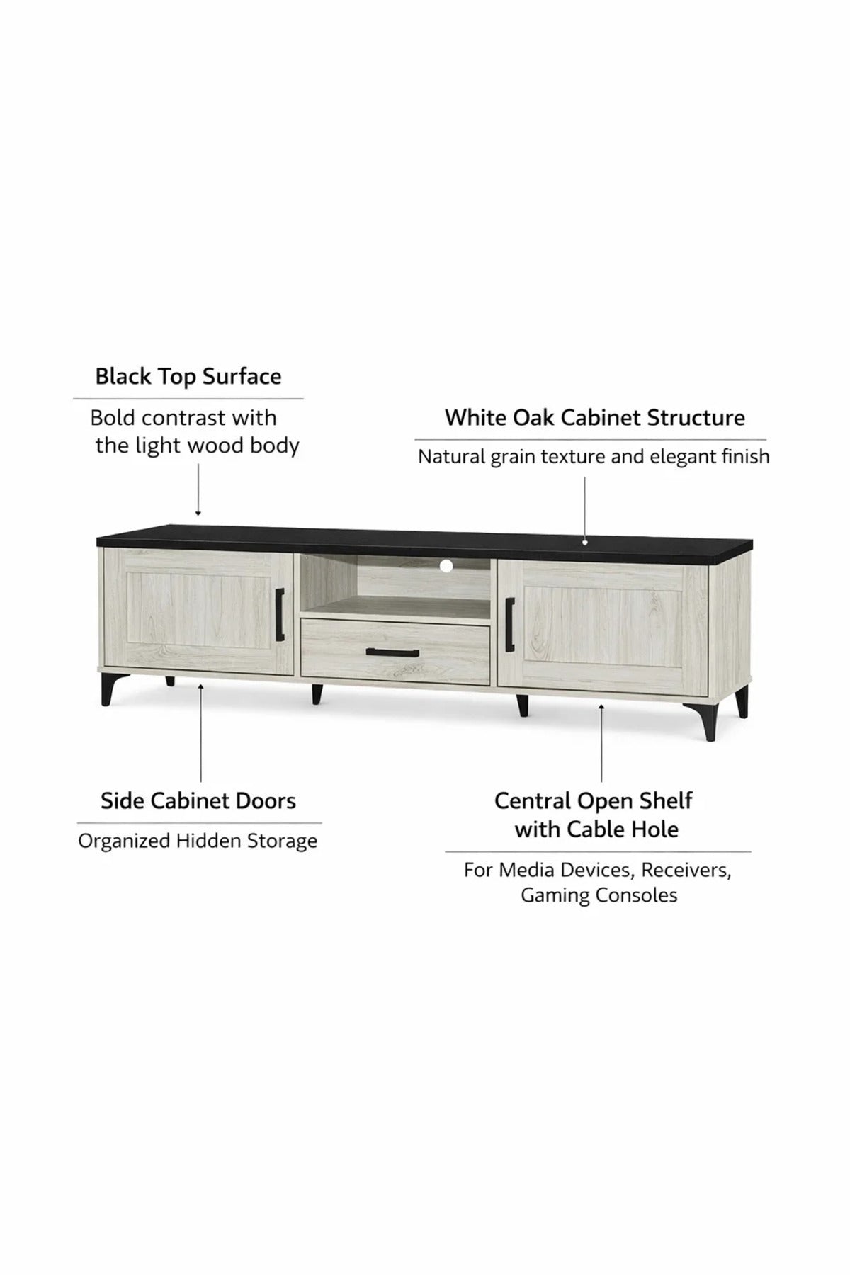 White Oak TV Stand √ê 180x40x50 cm Modern Wooden Plasma Table with Cabinets & Drawer