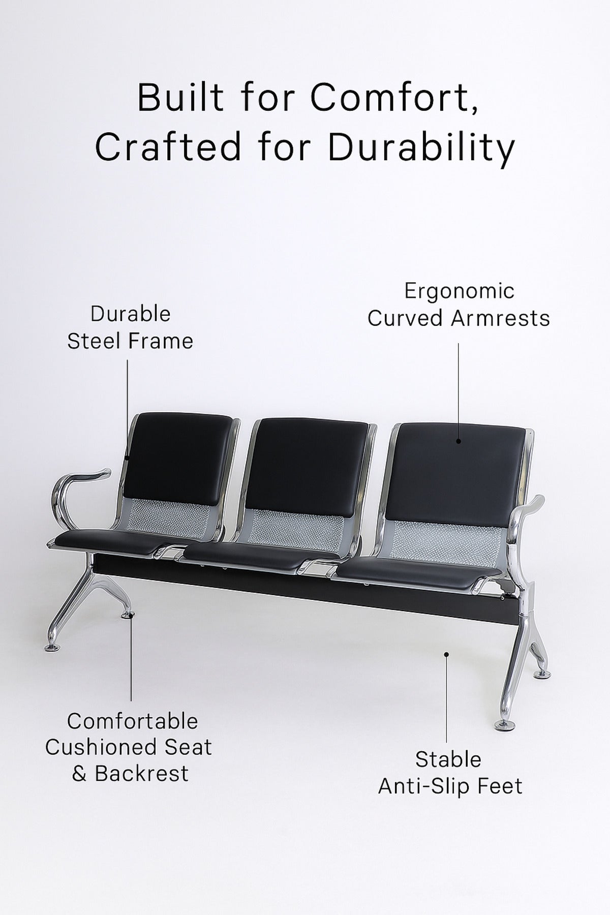 Silver 3Seater Waiting Chair Metal Frame Bench with Cushions 175_60_76 cm for Hospital & Reception