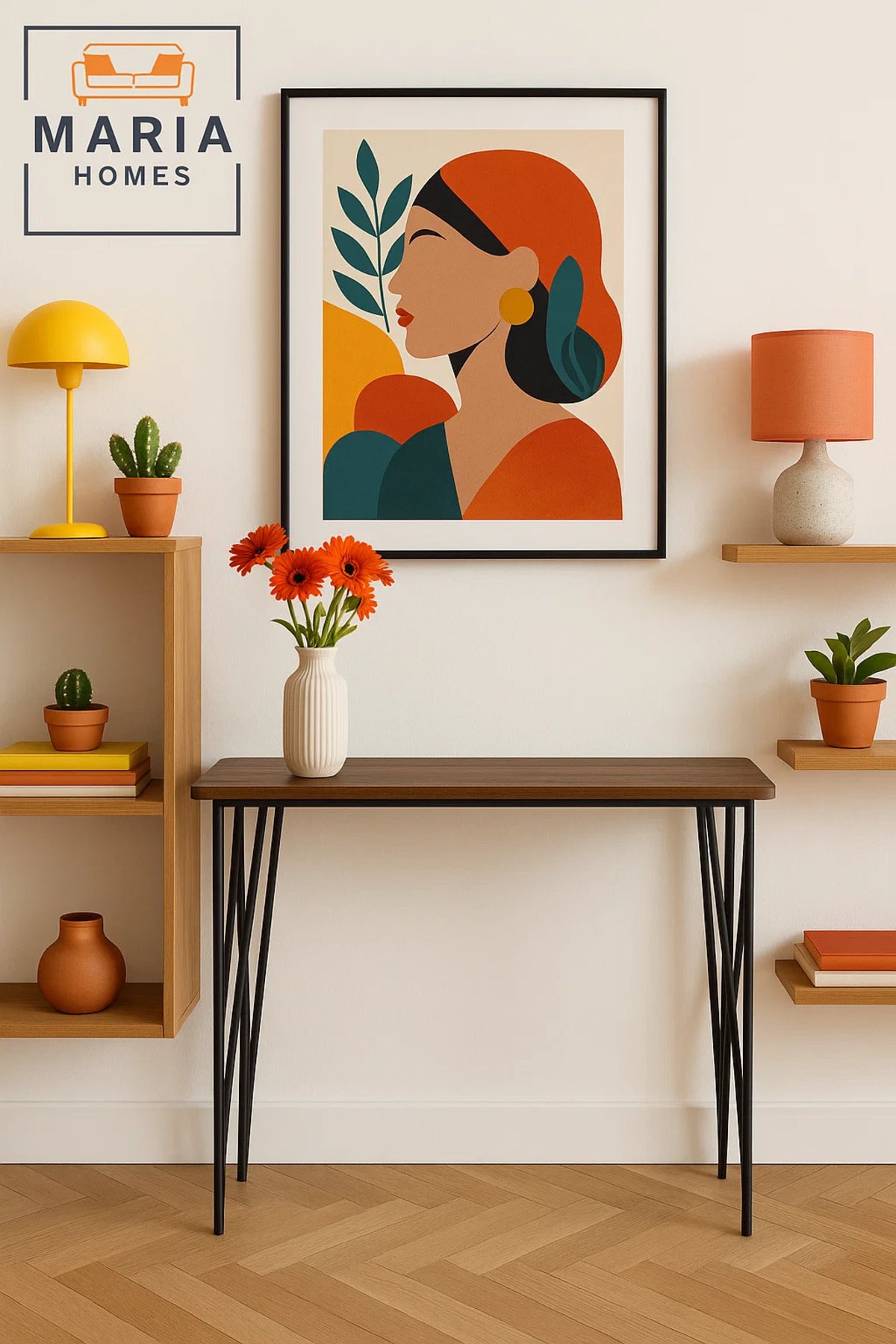Modern Console Table 120x40x80cm Ð Slim Wood Top with Geometric Black Metal Frame