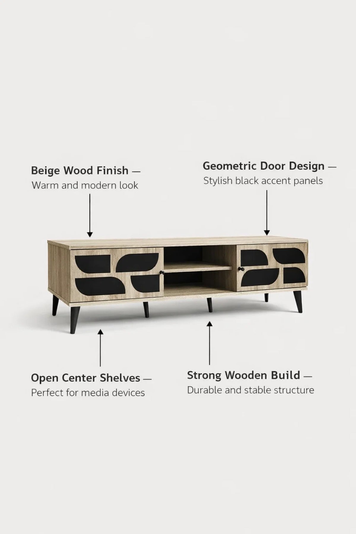 Modern Beige TV Table 160cm Wide Media Stand with Geometric Black Detail for Stylish Living Rooms