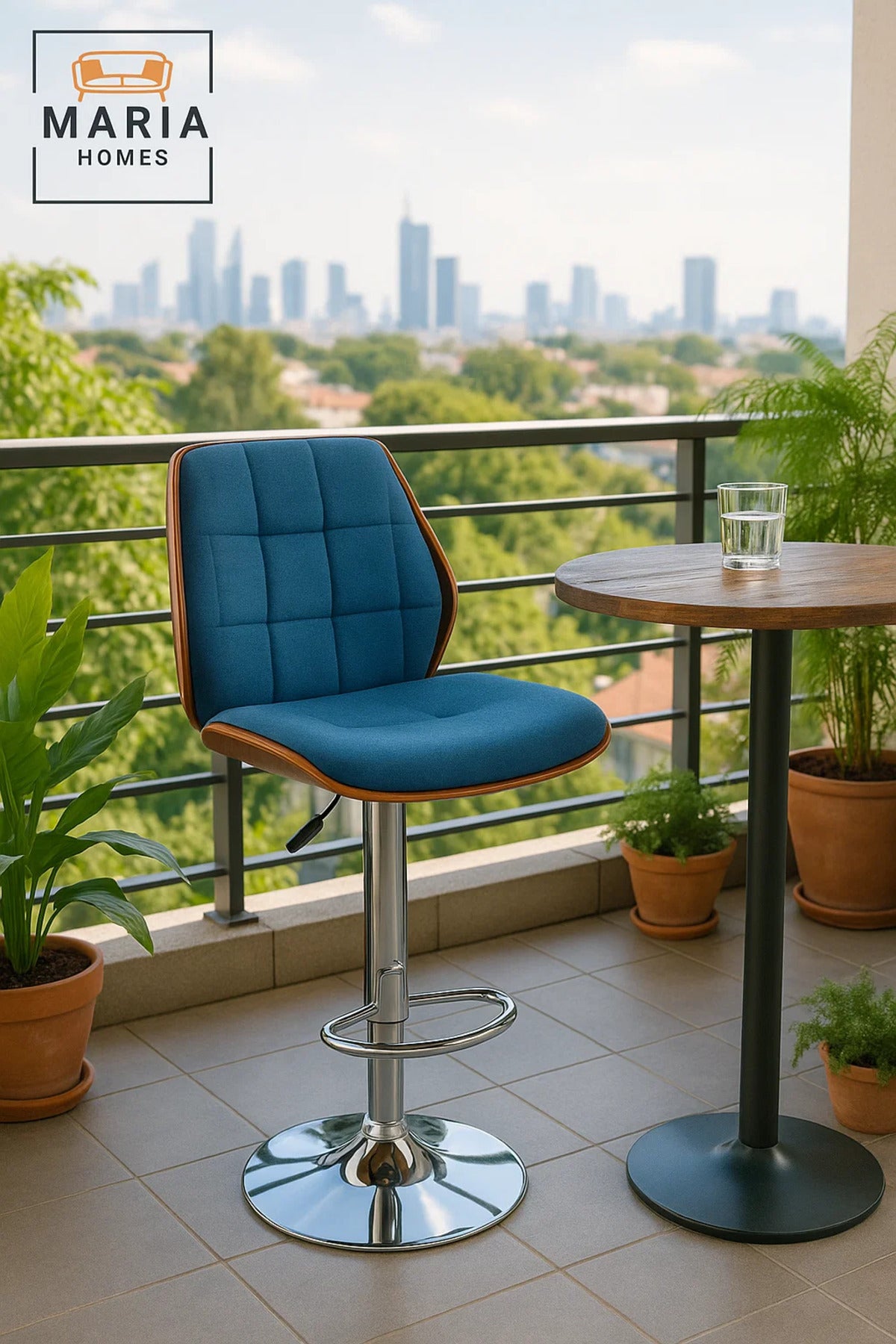 Dark Blue Adjustable Swivel Bar Stool with Chrome Base, Modern Upholstered Kitchen & Bar Chair