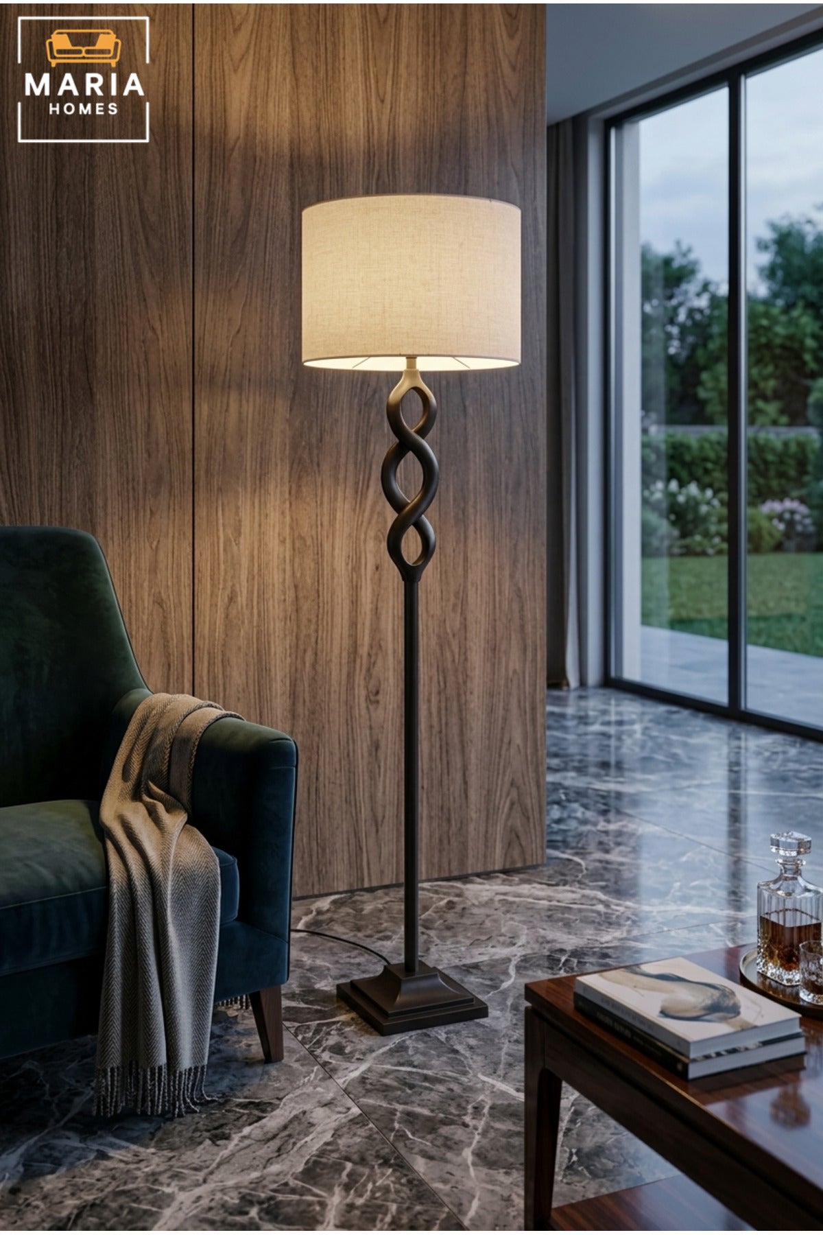 Elegant Floor Lamp with Interlocking Loop Design, Fabric Drum Shade and Stepped Square Base Decorative Standing Light for Living Room Bedroom and Office