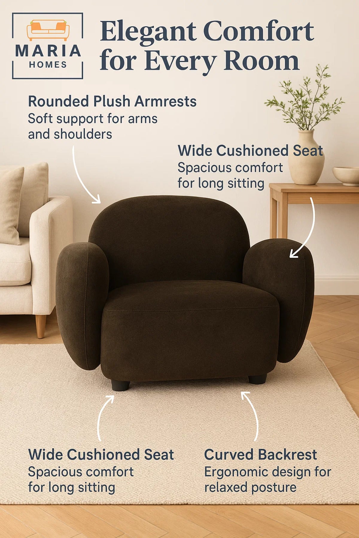 Plush Dark Brown Armchair with Rounded Back and Cushioned Arms