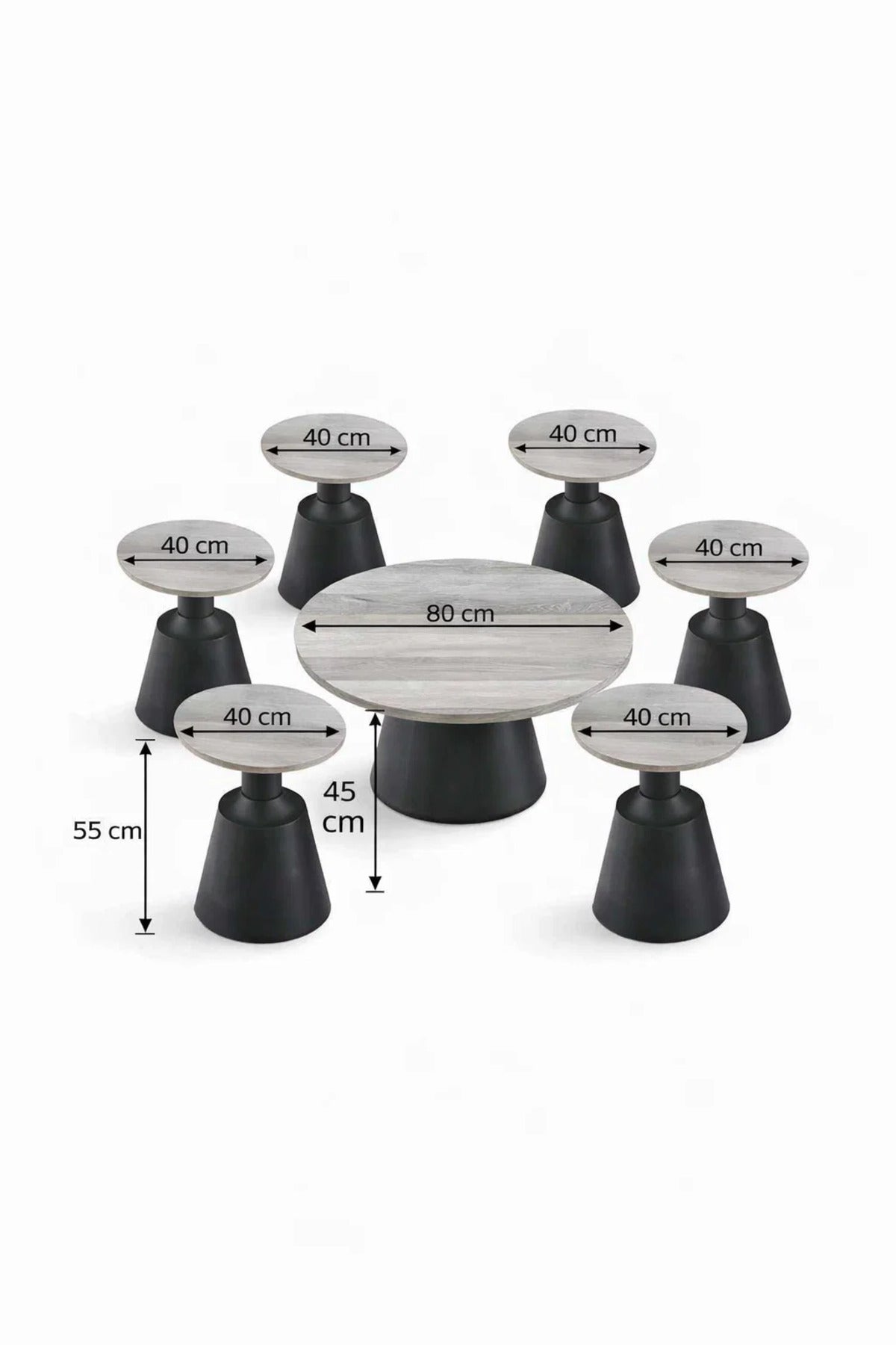 Stylish 7-Piece Round Coffee Table Set Wood Top Black Pedestal Base Modern Home Living Room Decor
