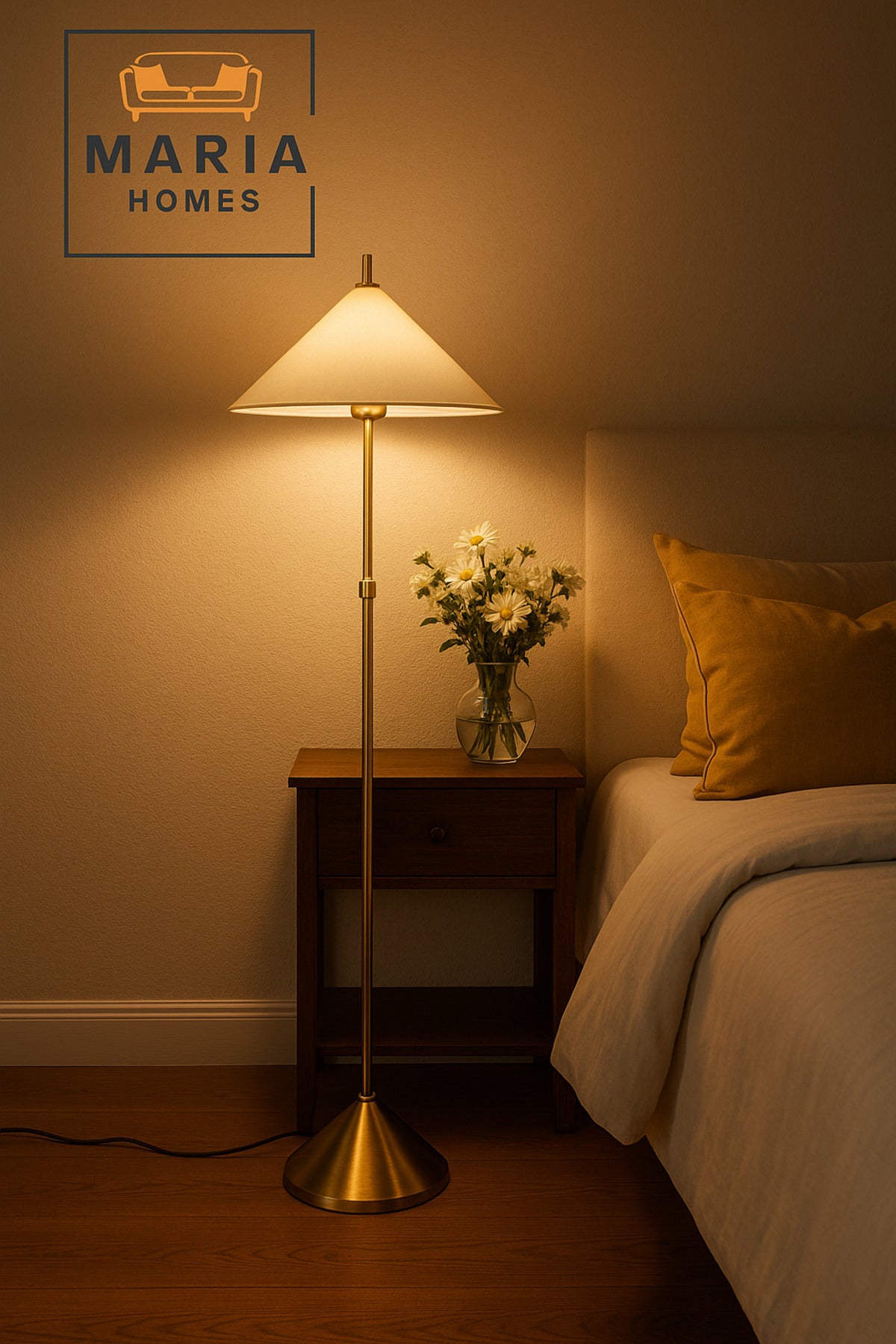 Modern Brass Floor Lamp with White Conical Shade Ð Minimalist Standing Light