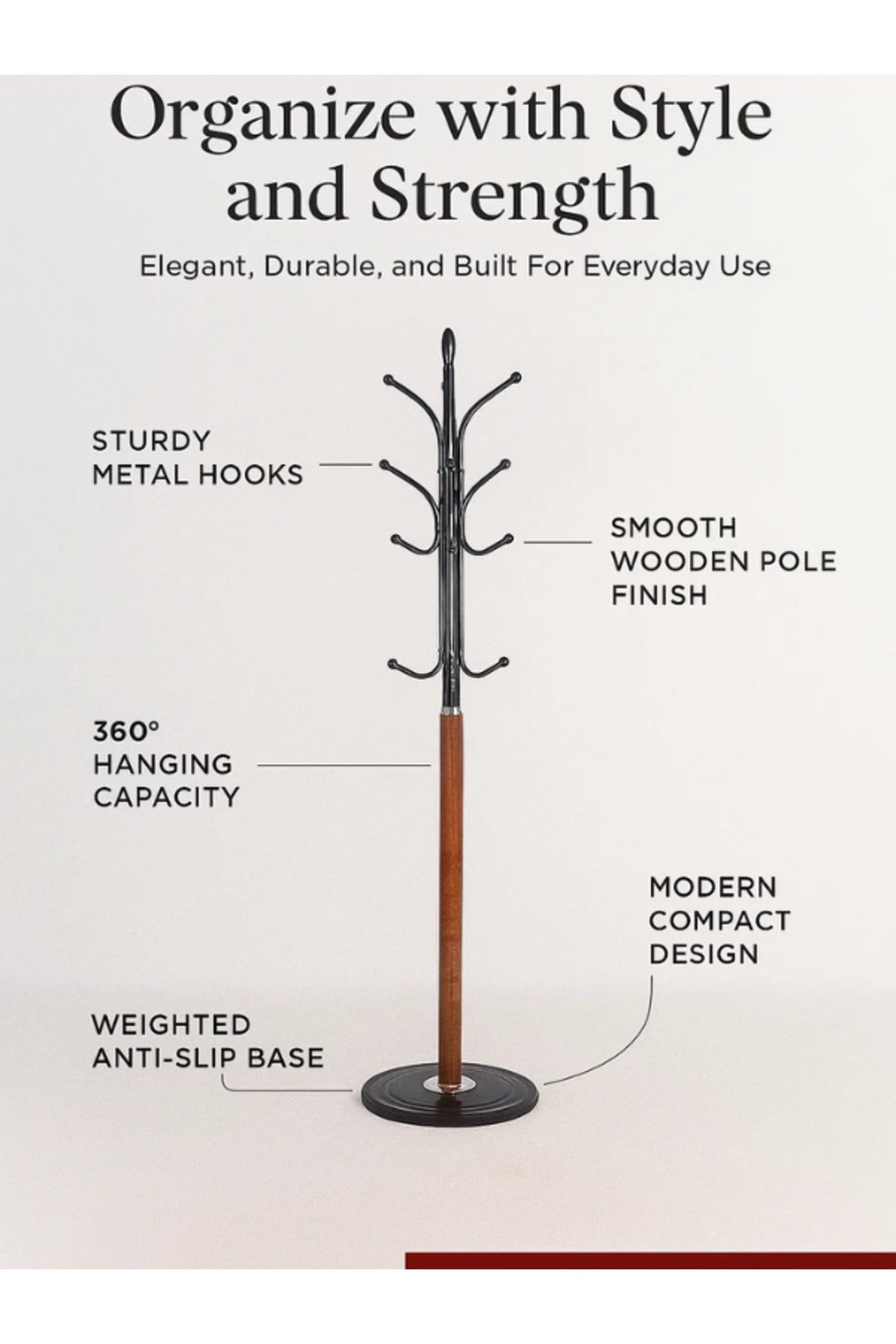 Modern Light Brown Coat Rack Ð Metal and Wood Standing Clothes Hanger for Entryway & Office