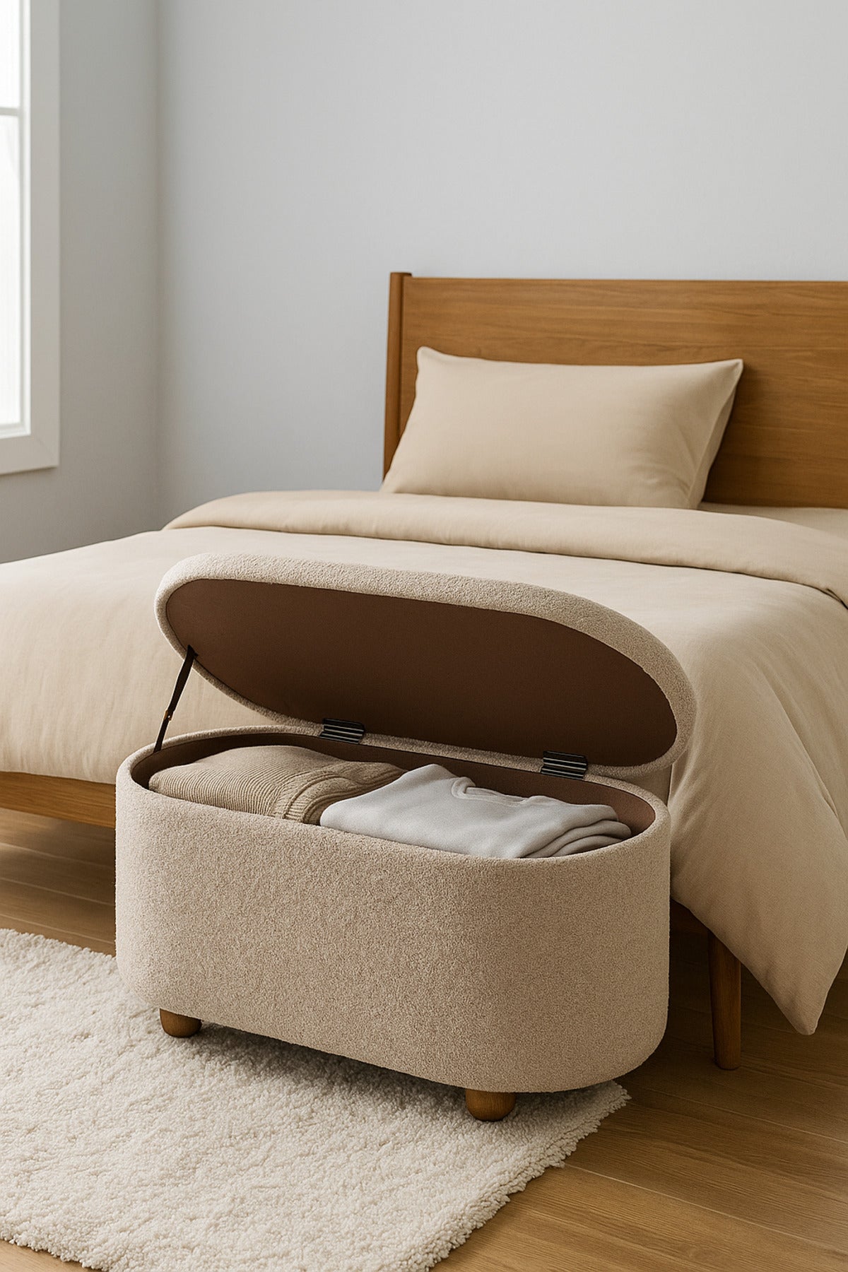 Brown Oval Storage Ottoman Bench with Wooden Base Ð Modern Fabric Seat 88_35_40 cm