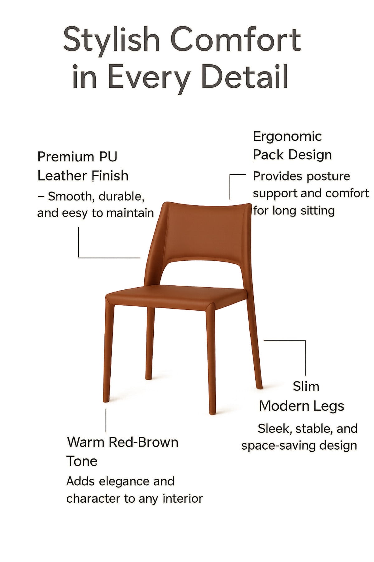 Red Brown PU Leather Dining Chair Ð Modern Full Leather Minimalist Chair for Dining Room & Office