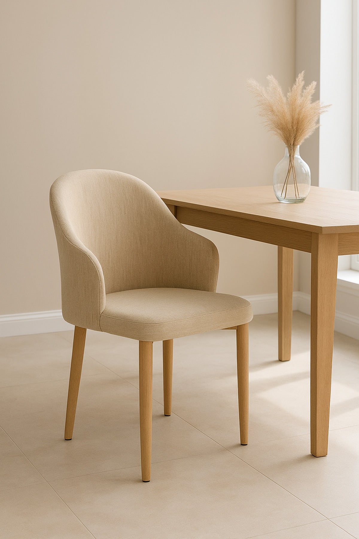 Beige Fabric Dining Chair Ð Modern Curved Back Upholstered Chair with Wooden Legs for Dining Room