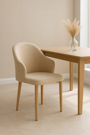 Beige Fabric Dining Chair Ð Modern Curved Back Upholstered Chair with Wooden Legs for Dining Room
