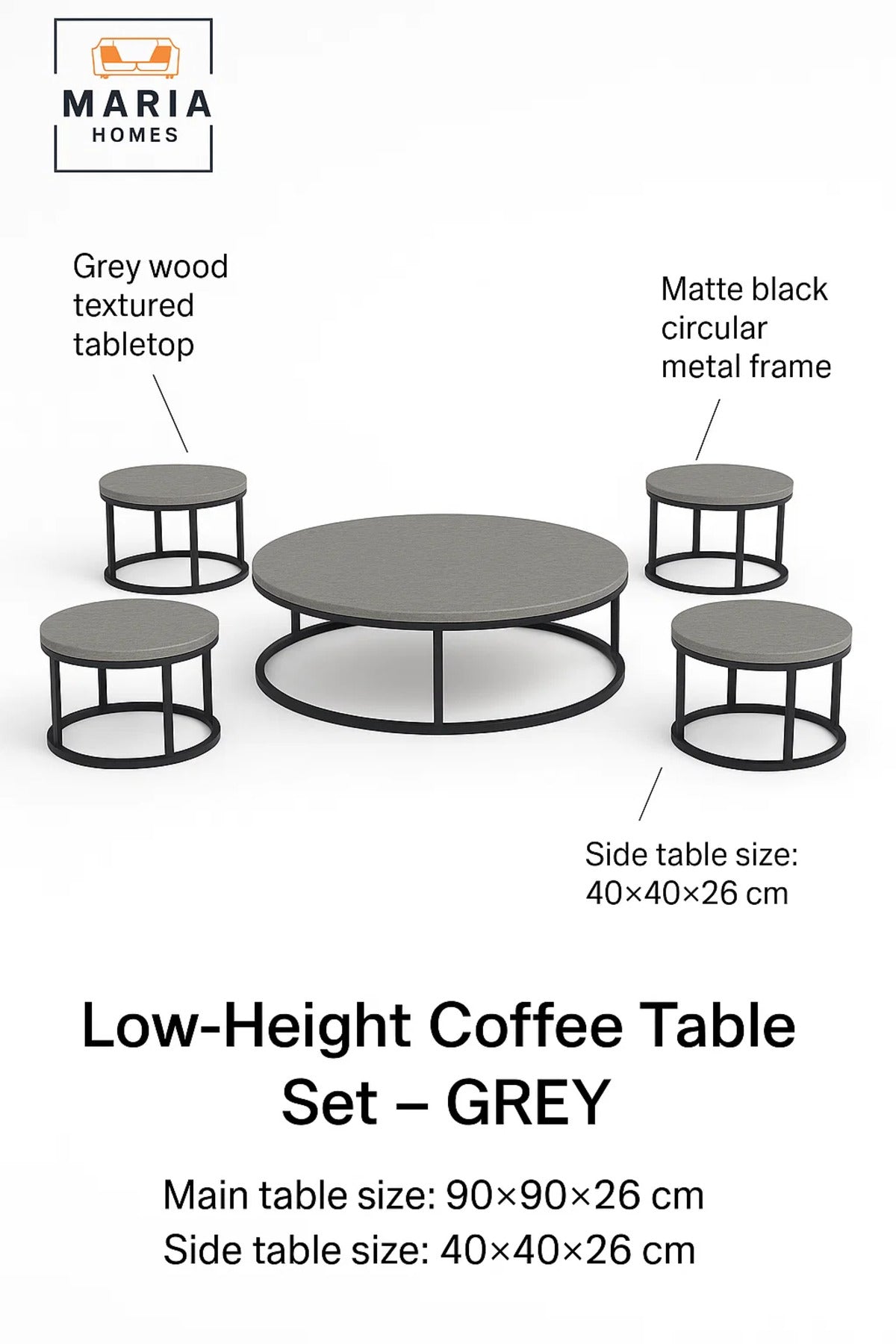 Modern Grey Round Coffee Table Set √ê Concrete Finish with Metal Base Living Room 5Piece