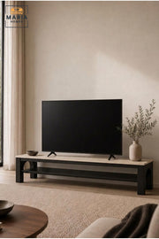 Modern TV Stand with Wooden Top and Open Storage Shelf, Long Entertainment Unit for Living Room, Bedroom, Media Room, Apartment and Lounge