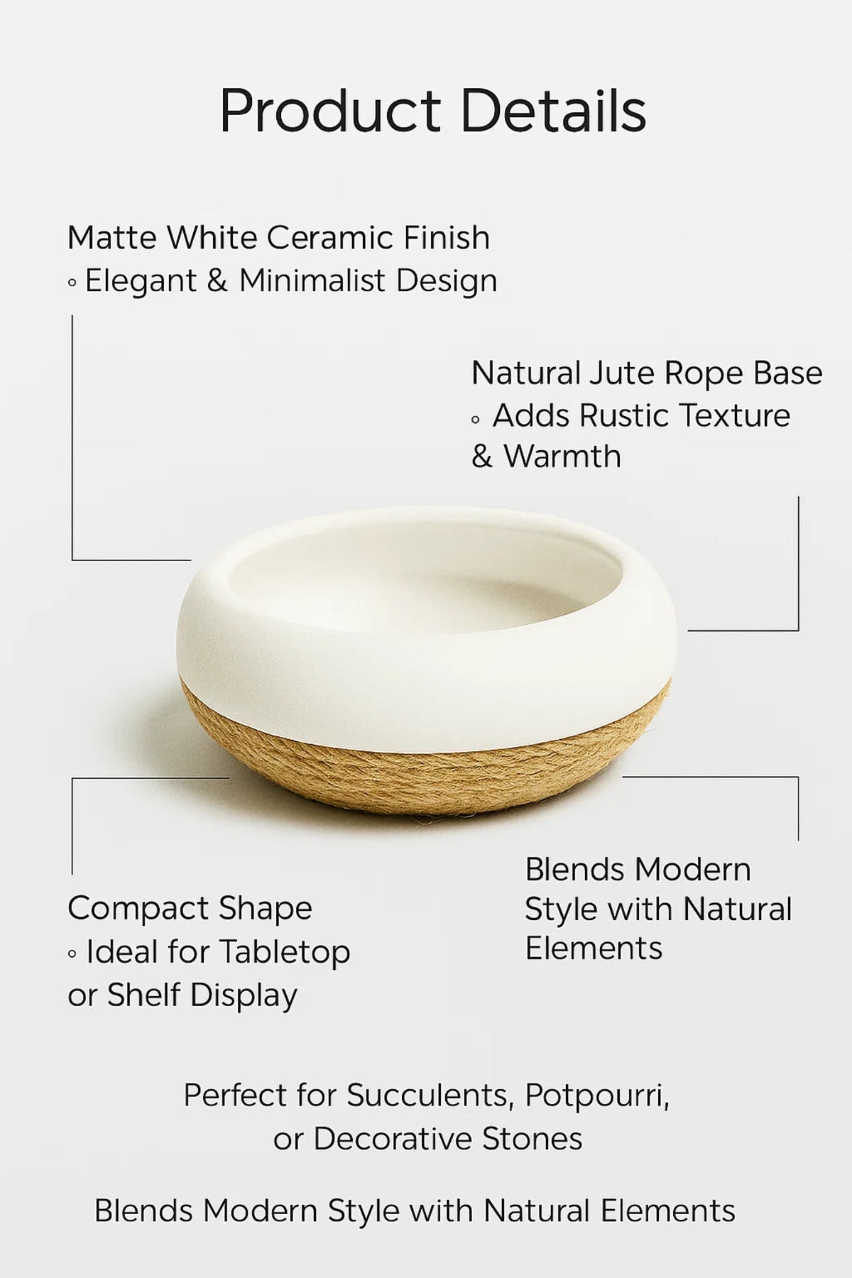 White Ceramic Rope Design Bowl Planter Ð Modern Decorative Pot for Home and Office DŽcor