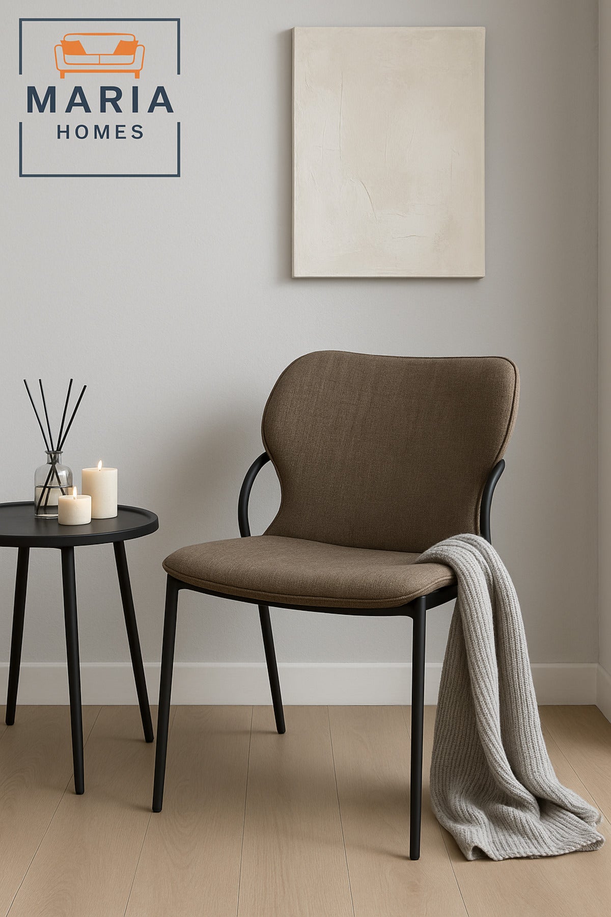 Modern Coffee Fabric Chair Cushioned Seat with Black Metal Frame