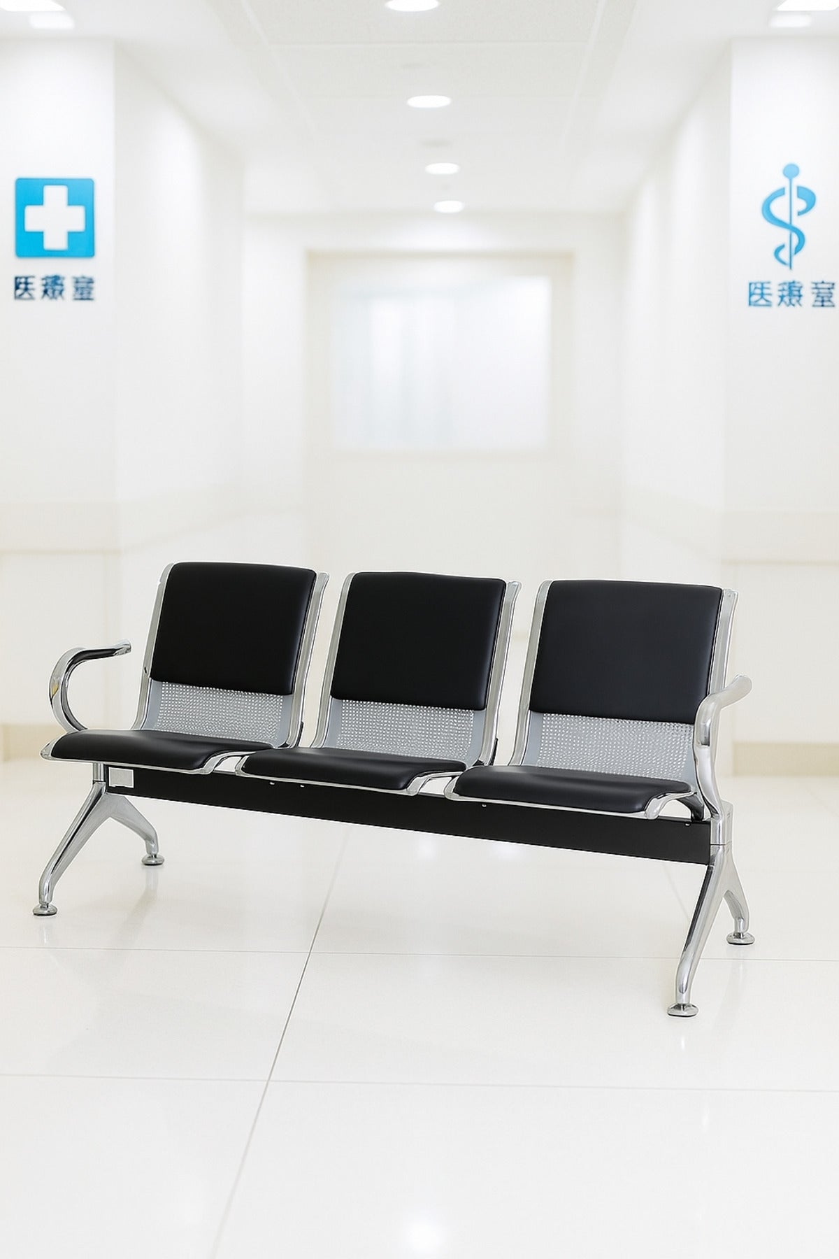 Silver 3Seater Waiting Chair Metal Frame Bench with Cushions 175_60_76 cm for Hospital & Reception