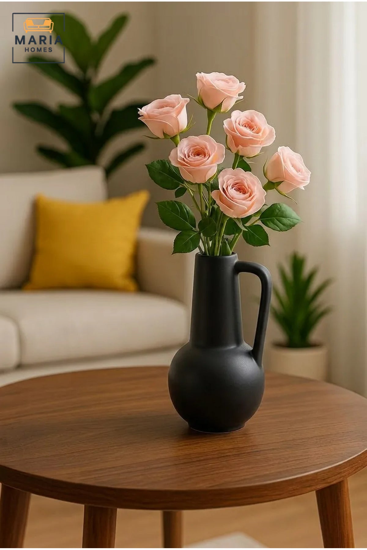Modern Decorative Flower Vase with Handle, Rounded Body and Narrow Neck for Living Room, Bedroom, Office, Shelf, Console Table and Home Décor