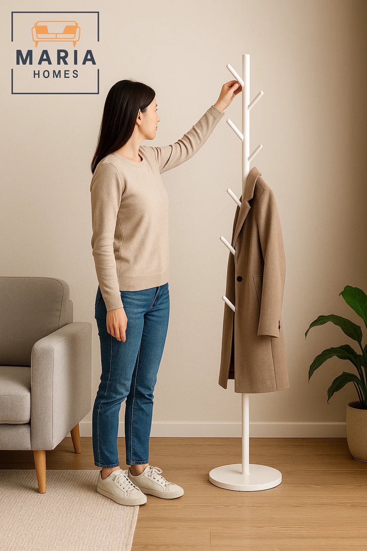 Minimalist White Metal Coat Rack Stand with Hooks and Concrete Base
