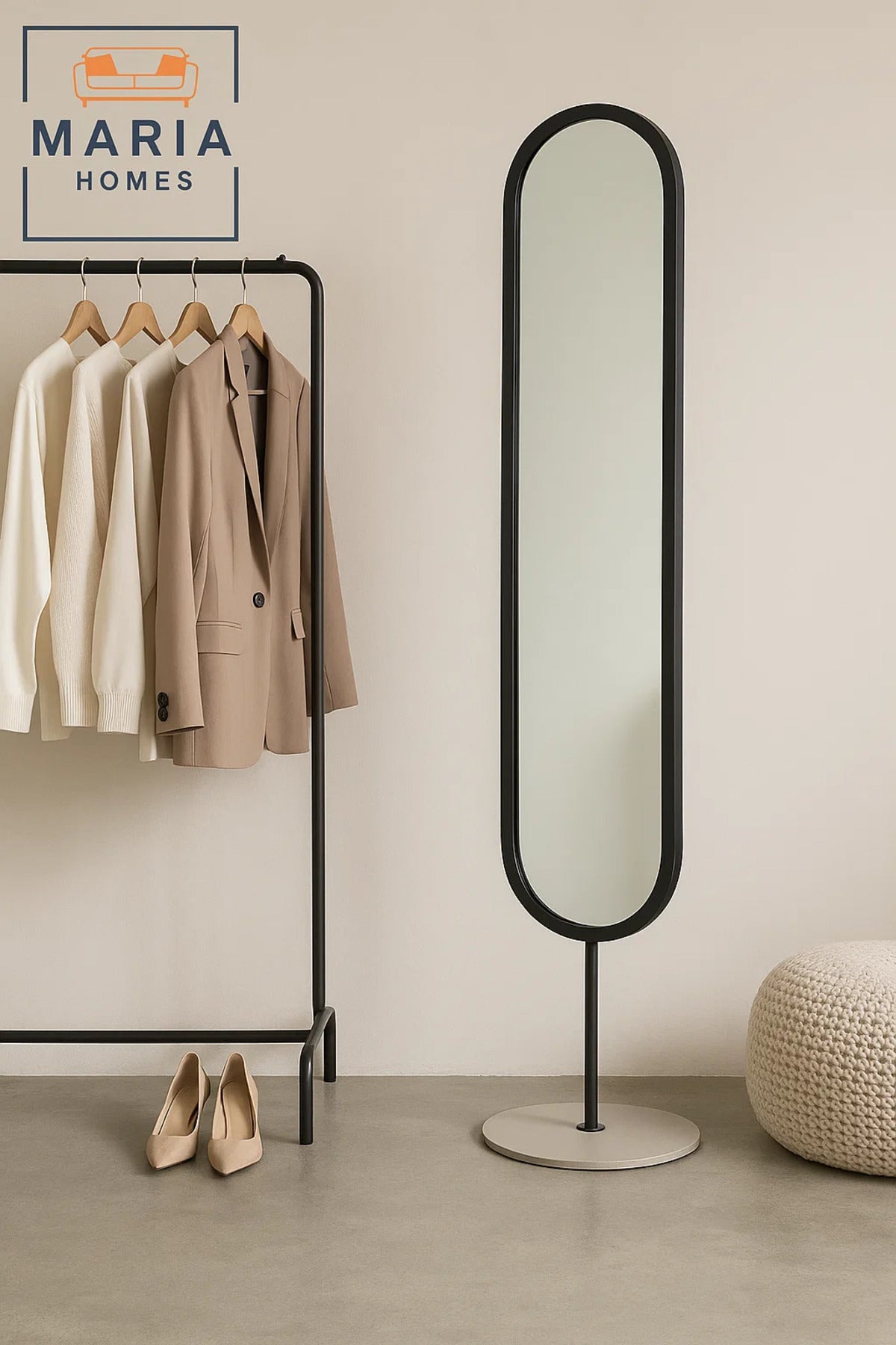 Modern Black Oval Standing Mirror Ð Full-Length Floor Mirror with Metal Frame, 169x40 cm