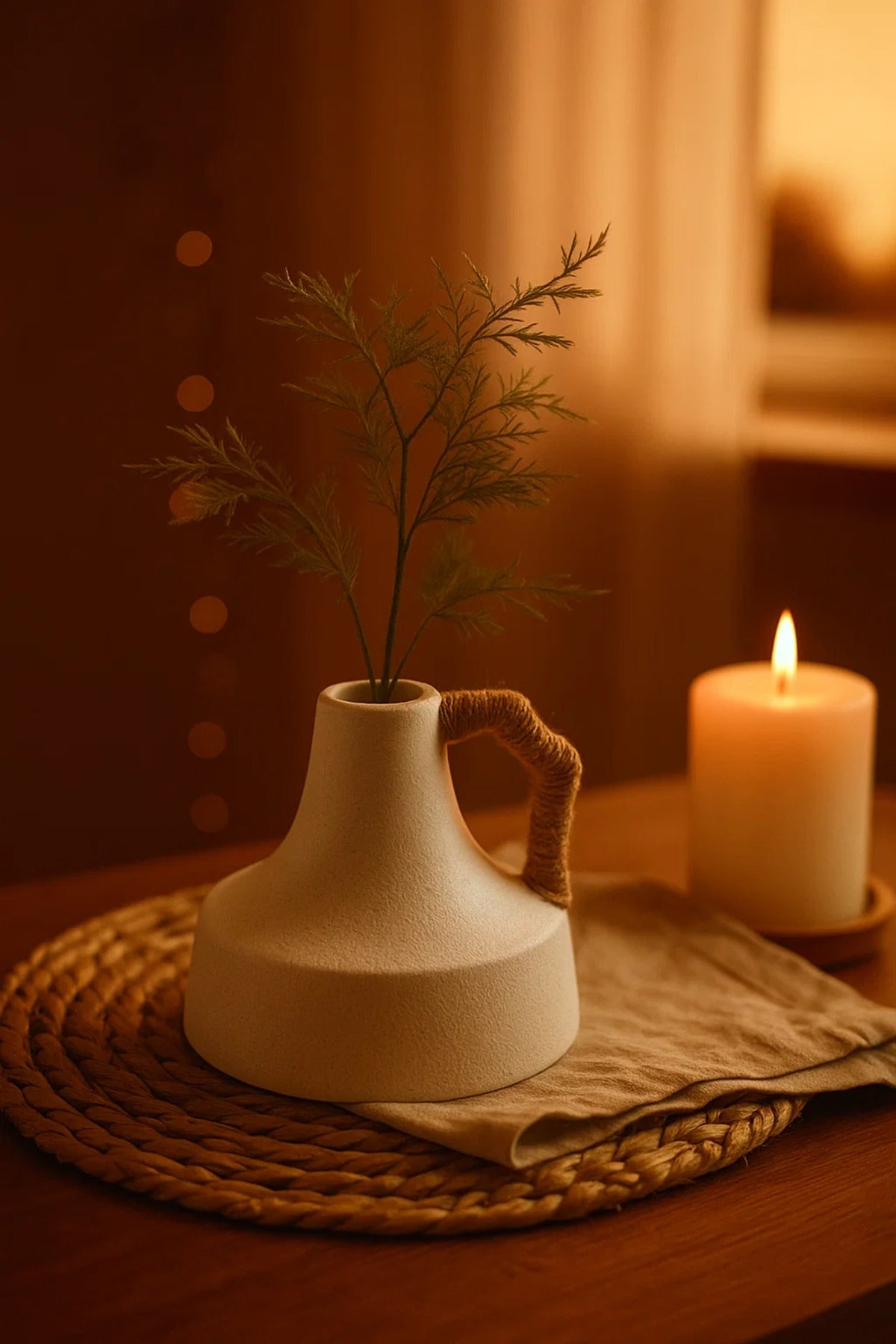 White Ceramic Rope Handle Vase Ð Modern Decorative Flower Pot for Home and Office DŽcor