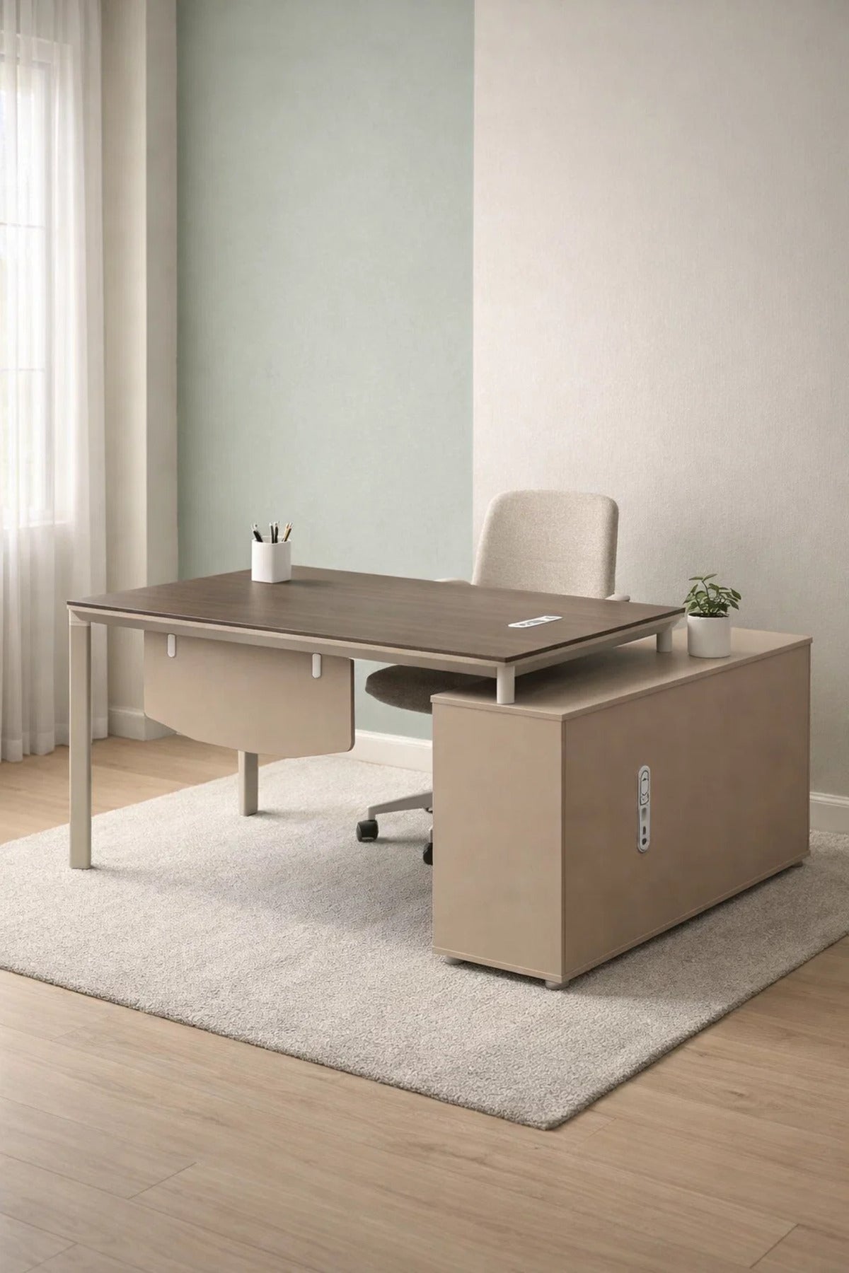 Modern 140cm L-Shaped Office Desk with Side Cabinet and Dark Wood Top for Professional Workspace