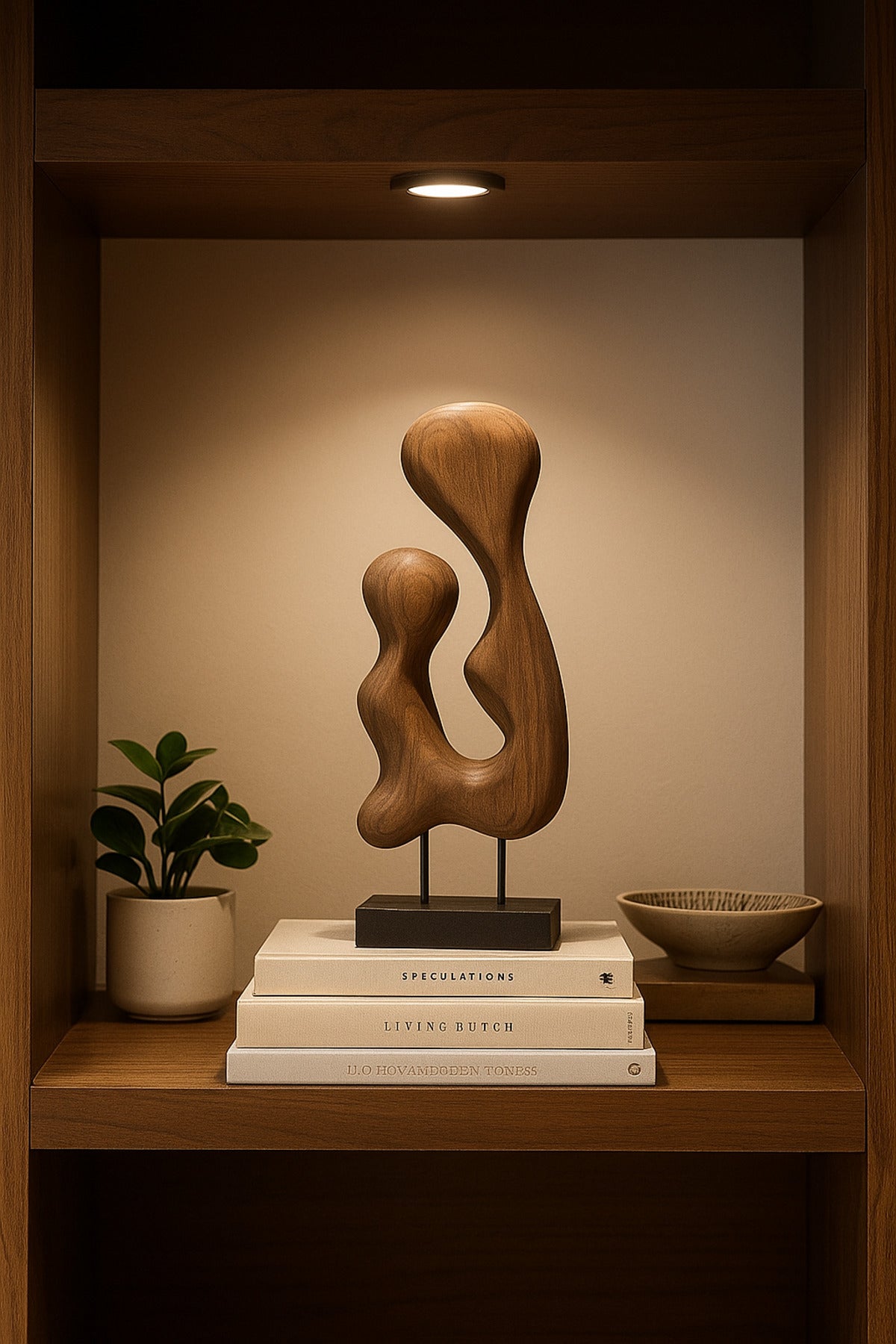 Walnut and Black Wooden Abstract Freeform Sculpture on Stand Ð Modern Artistic Accent
