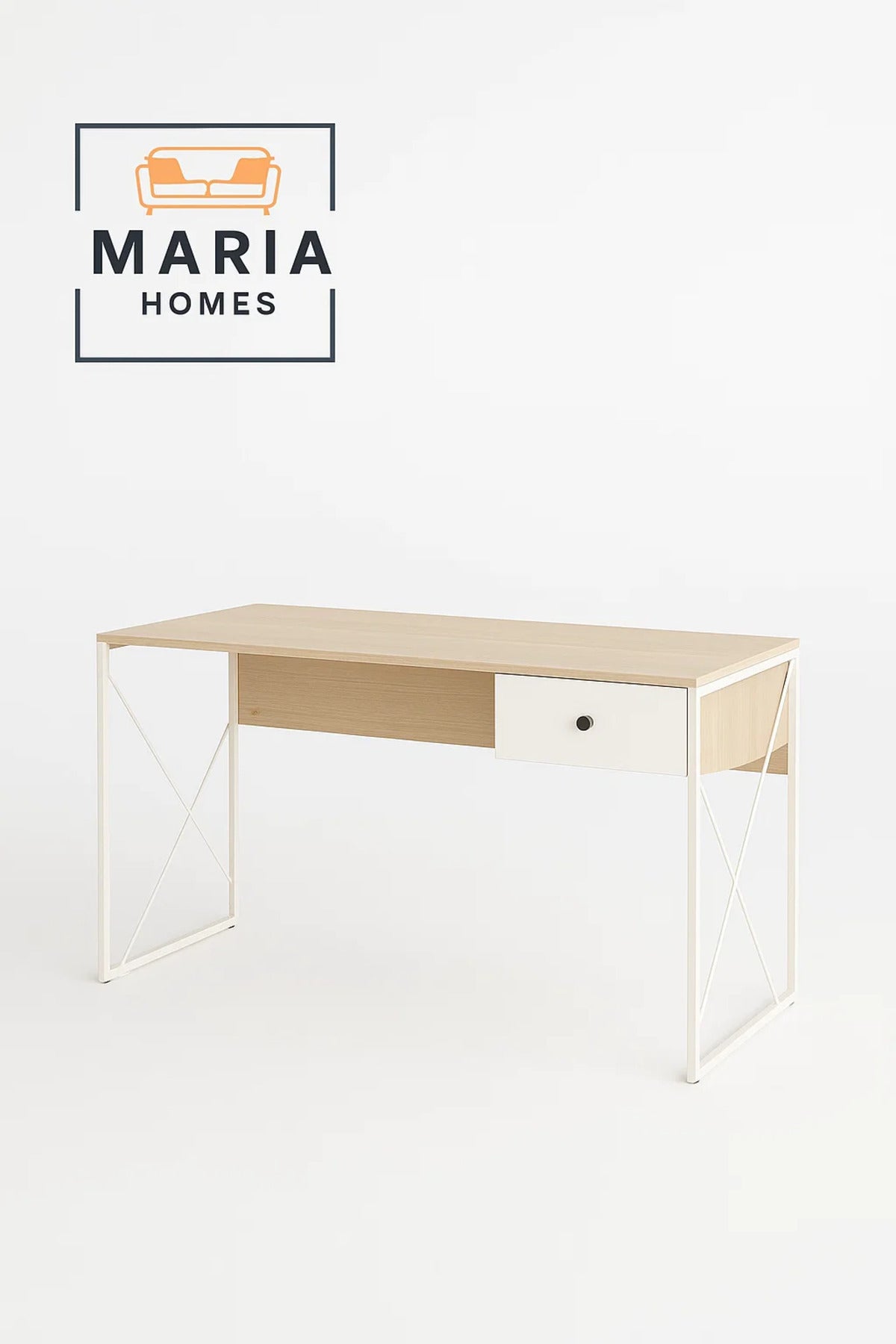 Minimalist Light Wood Desk with White Metal Frame and Drawer