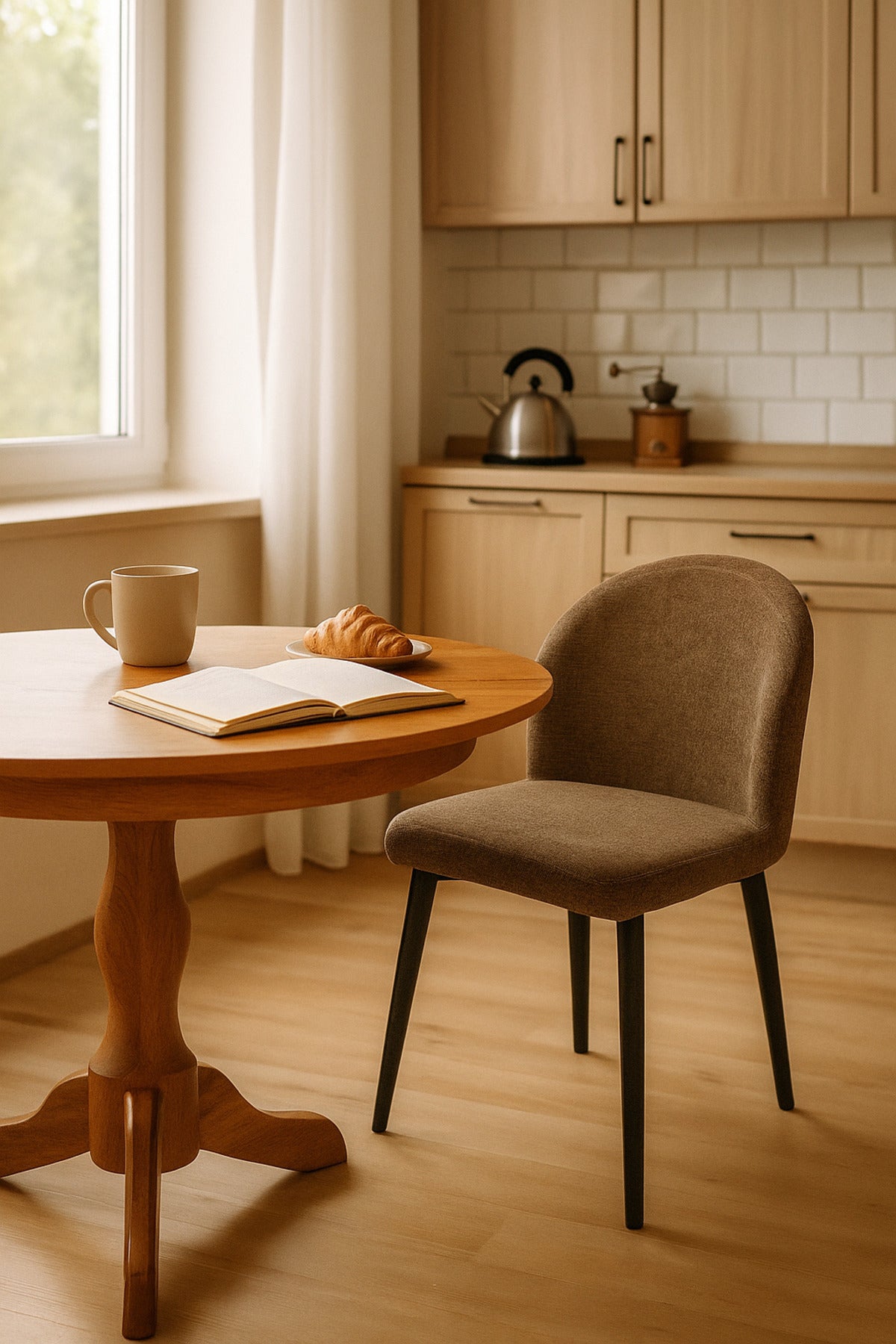 Brown Fabric Dining Chair Modern Upholstered Curved Back Chair with Black Metal Legs for Dining Room