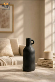 Modern Tall Decorative Flower Vase with Small Loop Handle, Narrow Neck and Sculptural Bottle Shape for Living Room, Bedroom, Office and Console Décor