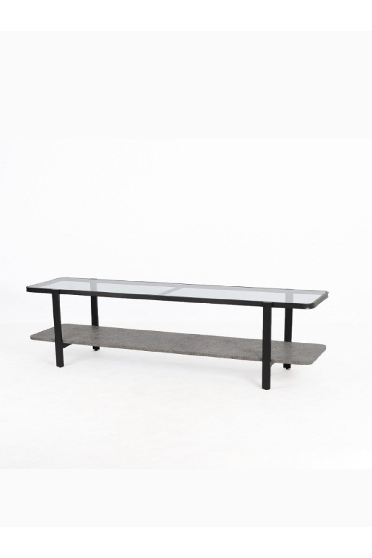 Modern Glass Top Console Table with Grey Stone Shelf & Black Metal Frame Ð 180_40_50 cm