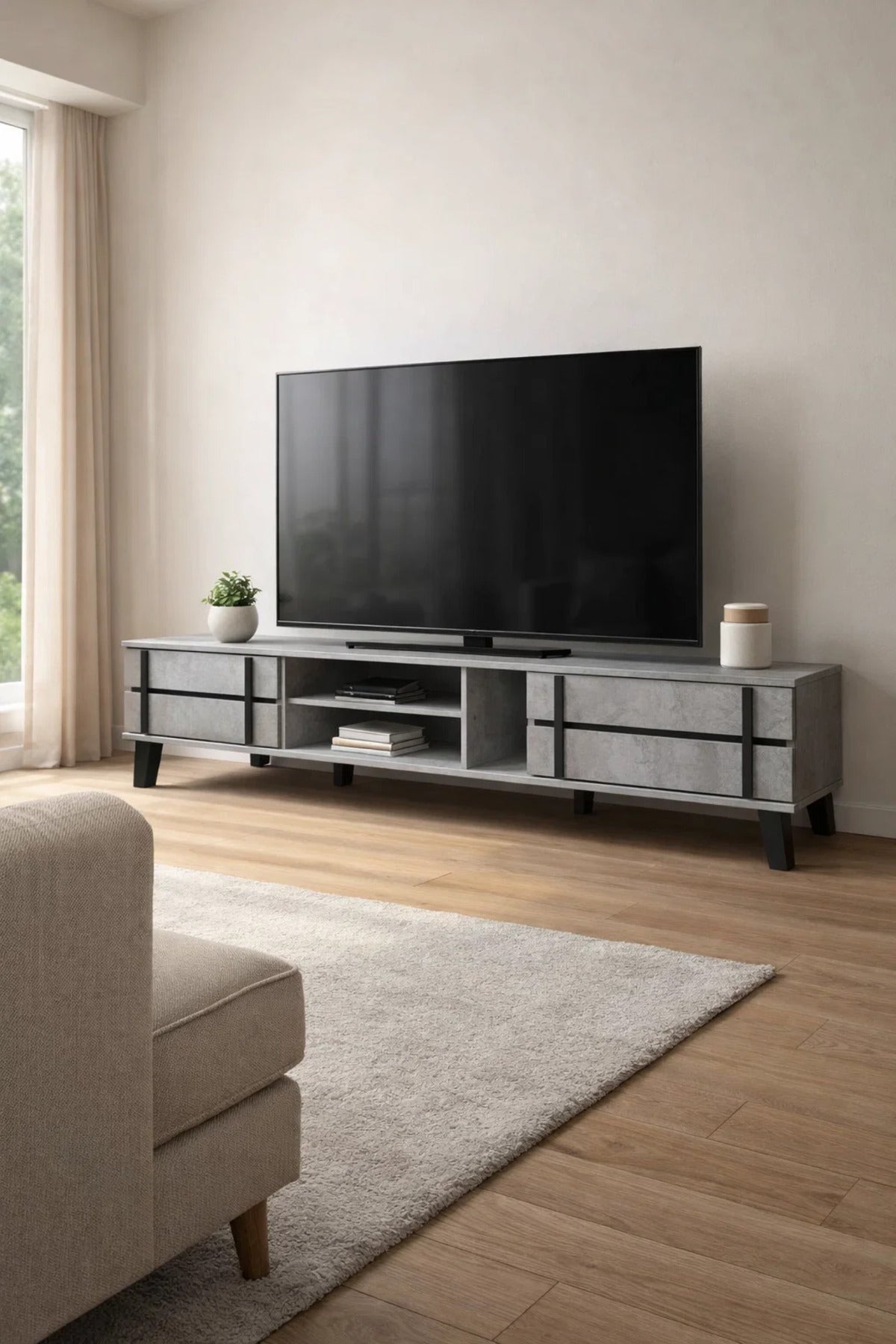 Industrial Style Grey TV Table Media Console with Black Accents for Modern Living Room 200cm