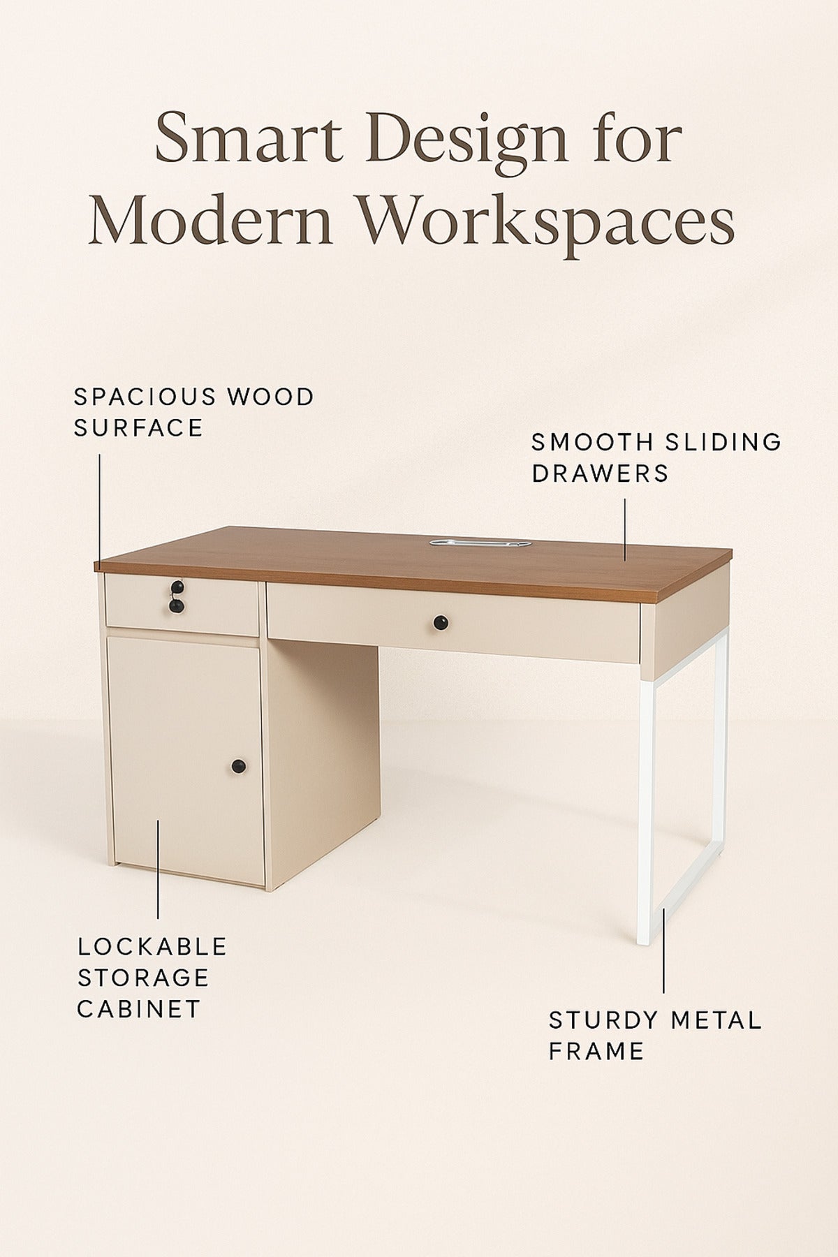 White & Wood Office Desk 120_60x75 cm Ð Modern Work Table with Drawer, Cabinet & White Legs