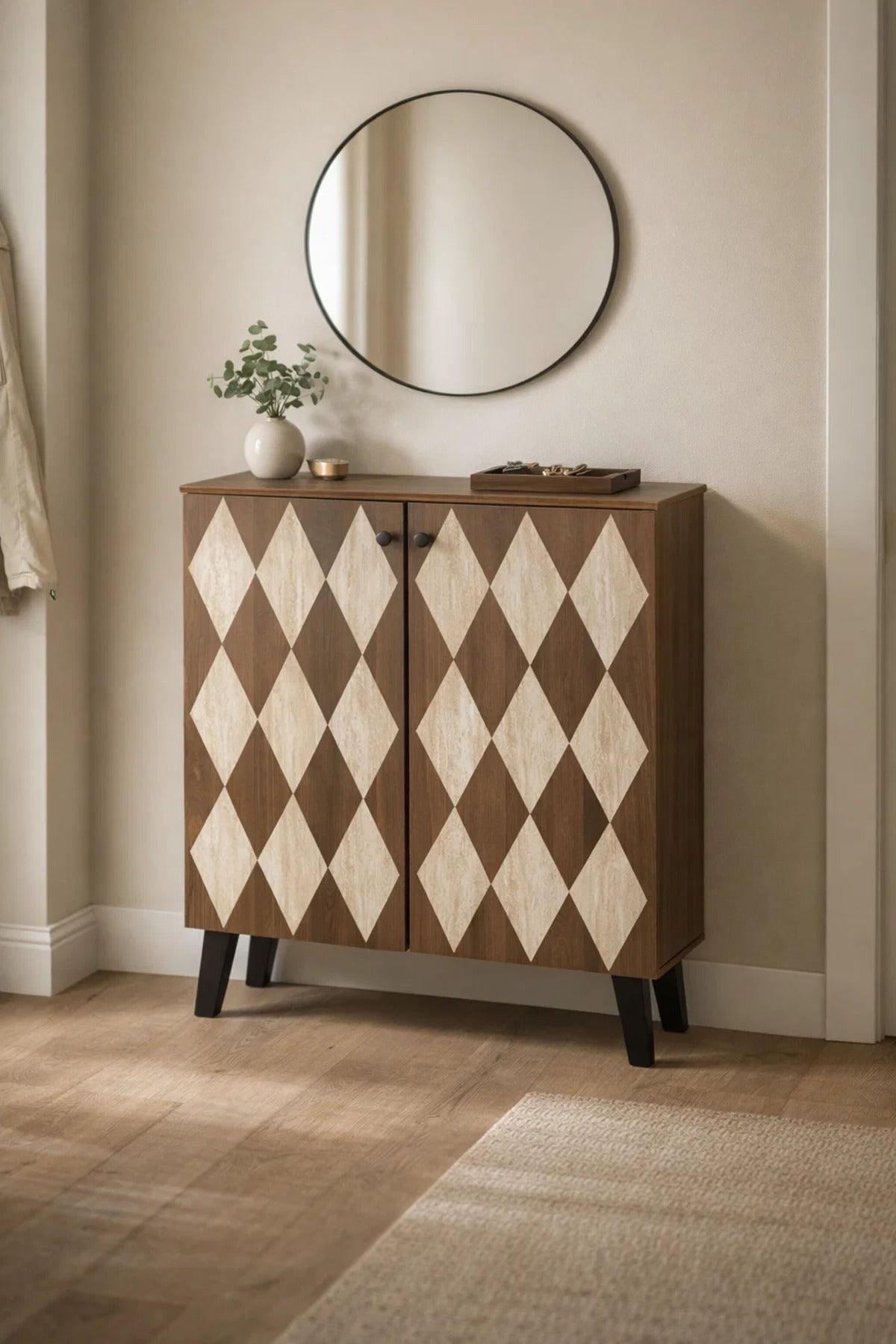 Dark Brown Shoe Cabinet with Geometric Pattern Doors 80 x 32 x 93 cm