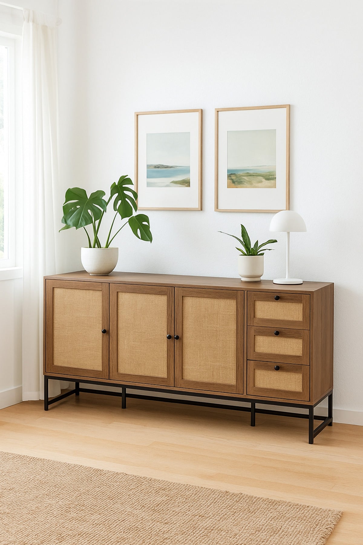 Walnut Rattan Console Table 160_40_85 cm Ð Modern Wooden 4-Door Storage Cabinet with 3 Drawers