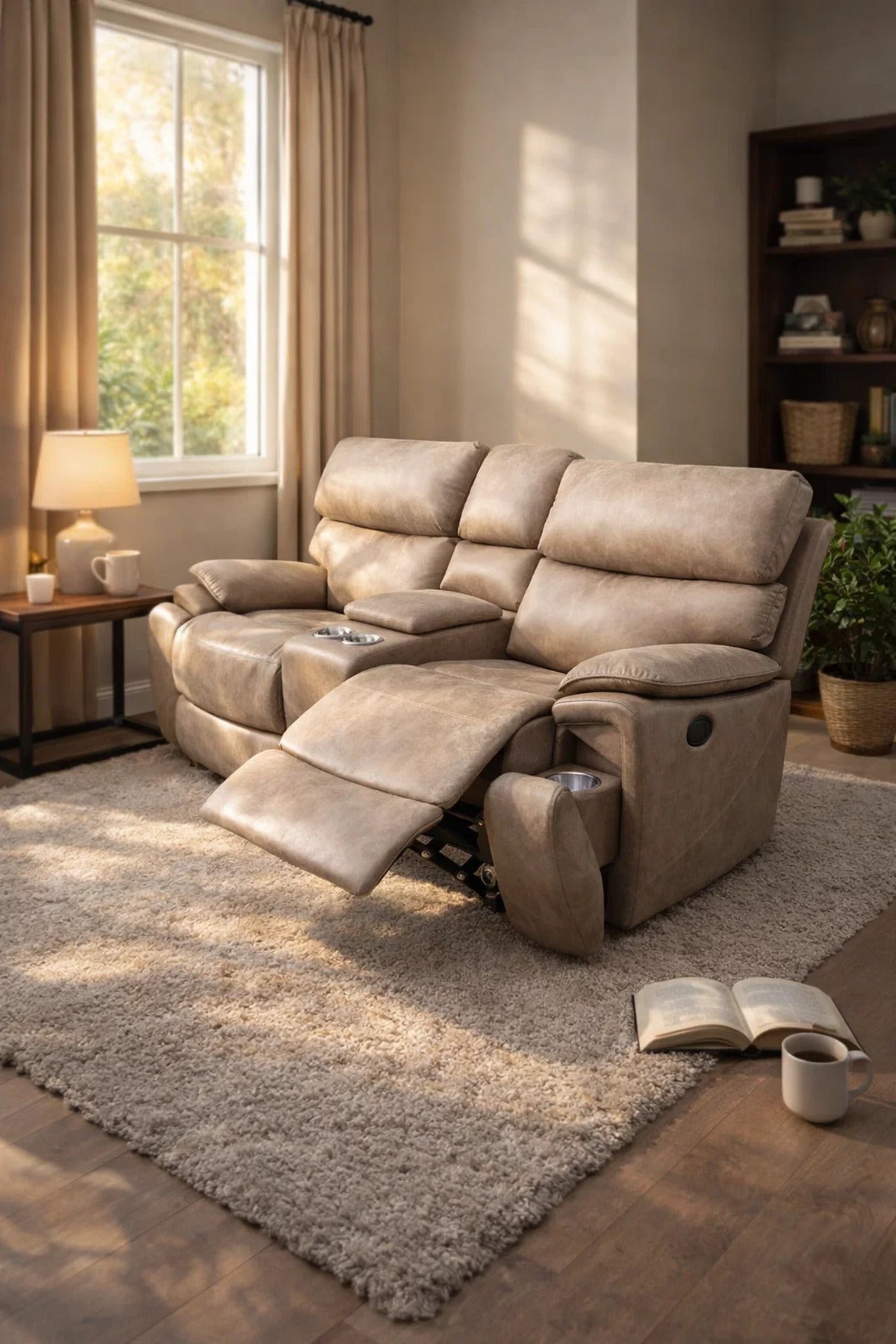 Premium Double Recliner Loveseat with Center Console Cup Holders Light Brown Home Theater Sofa