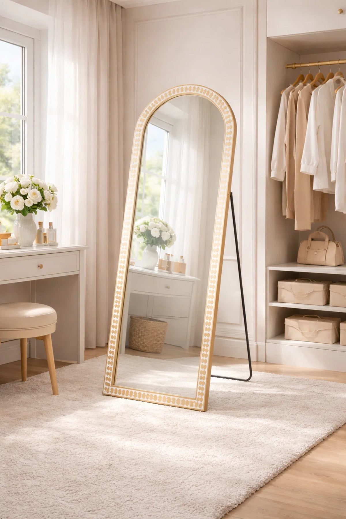 Arched Full Length Mirror White and Gold Frame 160x60cm Bedroom Decor