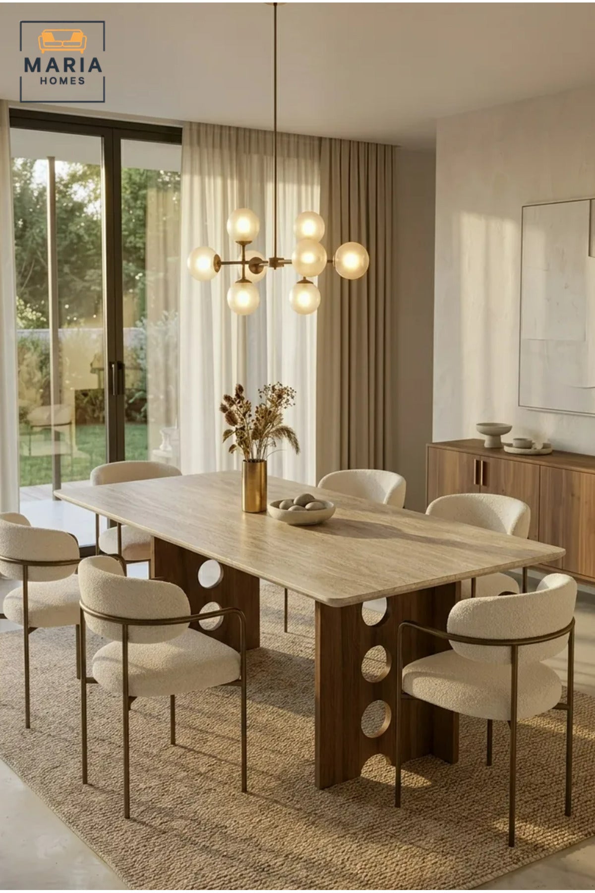 Large Rectangular Dining Table with Wooden Top and Decorative Wooden Base, Modern Table for Dining Room, Kitchen, Café and Restaurant